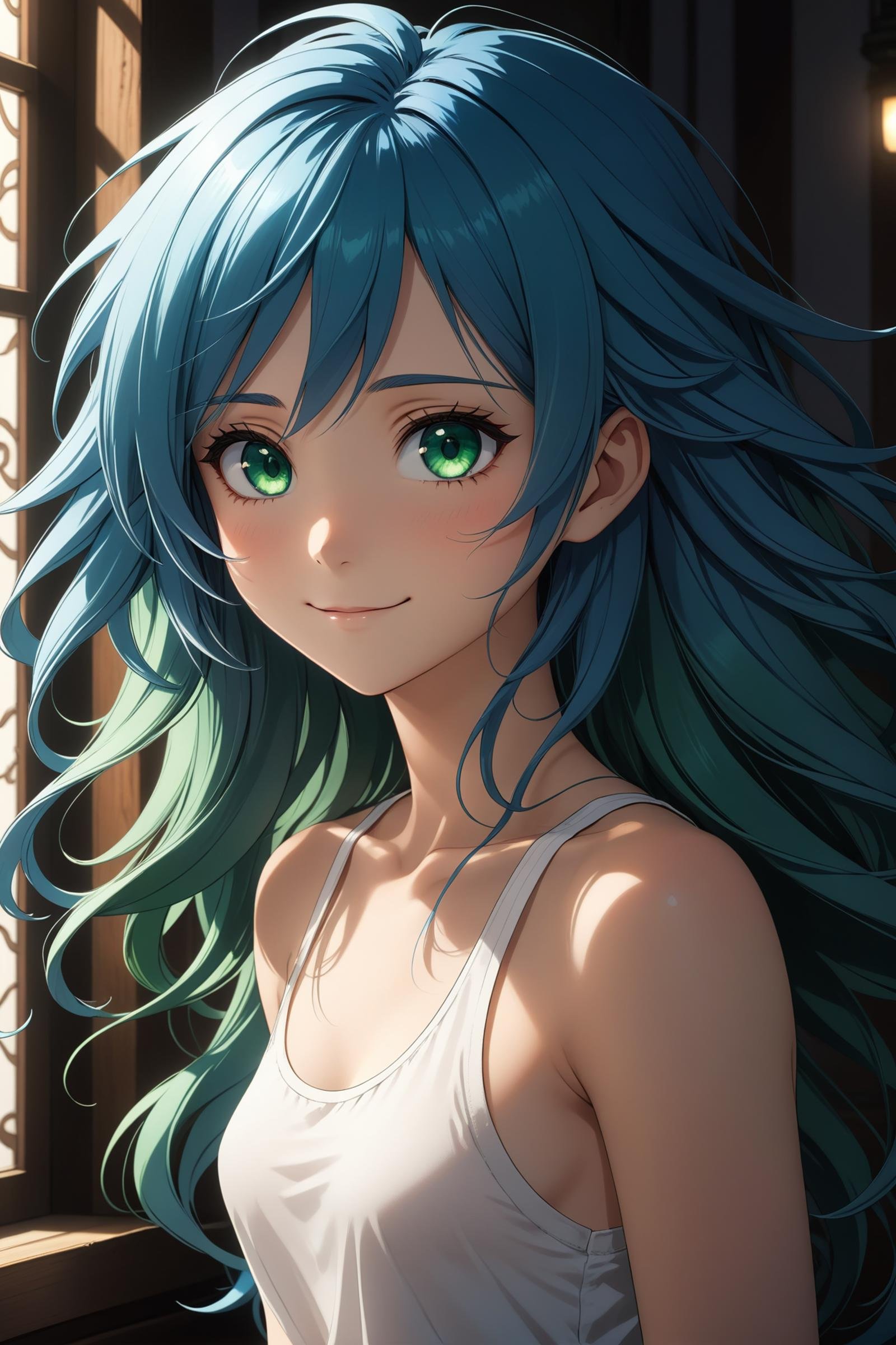 a beautiful blue haired girl, long messy hair, beautiful detailed deep green eyes,  shy smile, small breasts, white tank top, upper body view,(masterpiece:1.2), (best quality:1.2), ultra-detailed, best shadow, detailed background, high contrast, (best illumination, an extremely delicate and beautiful), ((cinematic light)), hyper detail, dramatic light, intricate details, 8k, anime, very aesthetic,