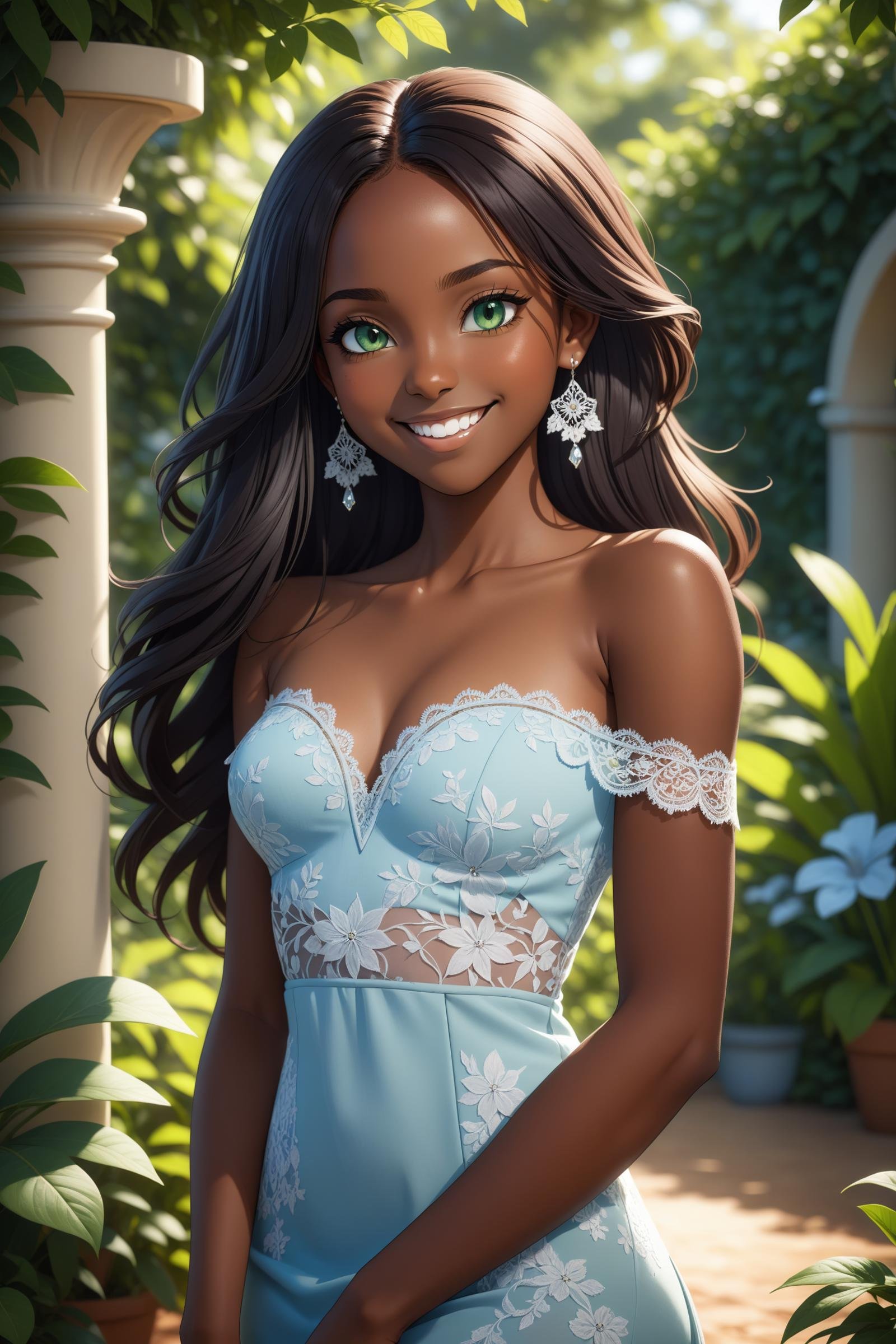 1 beautiful dark skinned girl, (dark skin):1.3, ebony, beautiful detailed dark green eyes, beautiful detailed face, long straight hair, smile, teeth, earrings, bokeh, innocent, slim body, small breasts, bare shoulders, light blue lace dress, strapless, upper body, portrait photo, face focus, in a african garden, blurred background,(masterpiece:1.2), (best quality:1.2), newest, ai-generated, ultra-detailed, best shadow, detailed background, high contrast, (best illumination, an extremely delicate and beautiful), ((cinematic light)), hyper detail, dramatic light, intricate details, 8k, anime, 