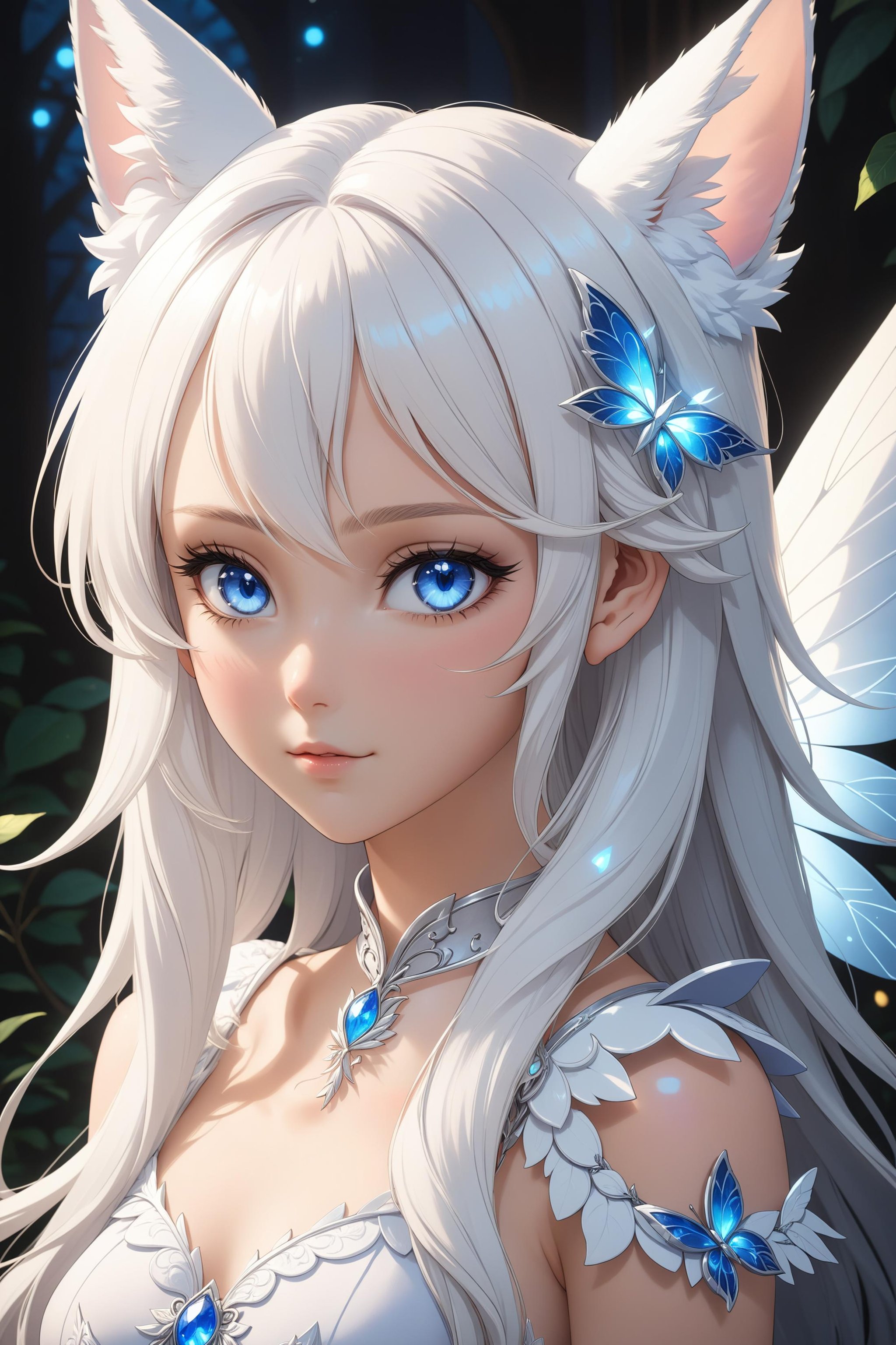 a young white girl in a fairy outfit with white cat ears and wings, 1girl, solo, long hair, blue eyes, wings, looking at viewer, animal ears, upper body, hair ornament, white hair, closed mouth, looking at viewer, (masterpiece, best quality, ultra-detailed, best shadow), detailed background, (beautiful detailed face), high contrast, (best illumination, an extremely delicate and beautiful), ((cinematic light)), hyper detail, dramatic light, intricate details, 8k, anime, very aesthetic,