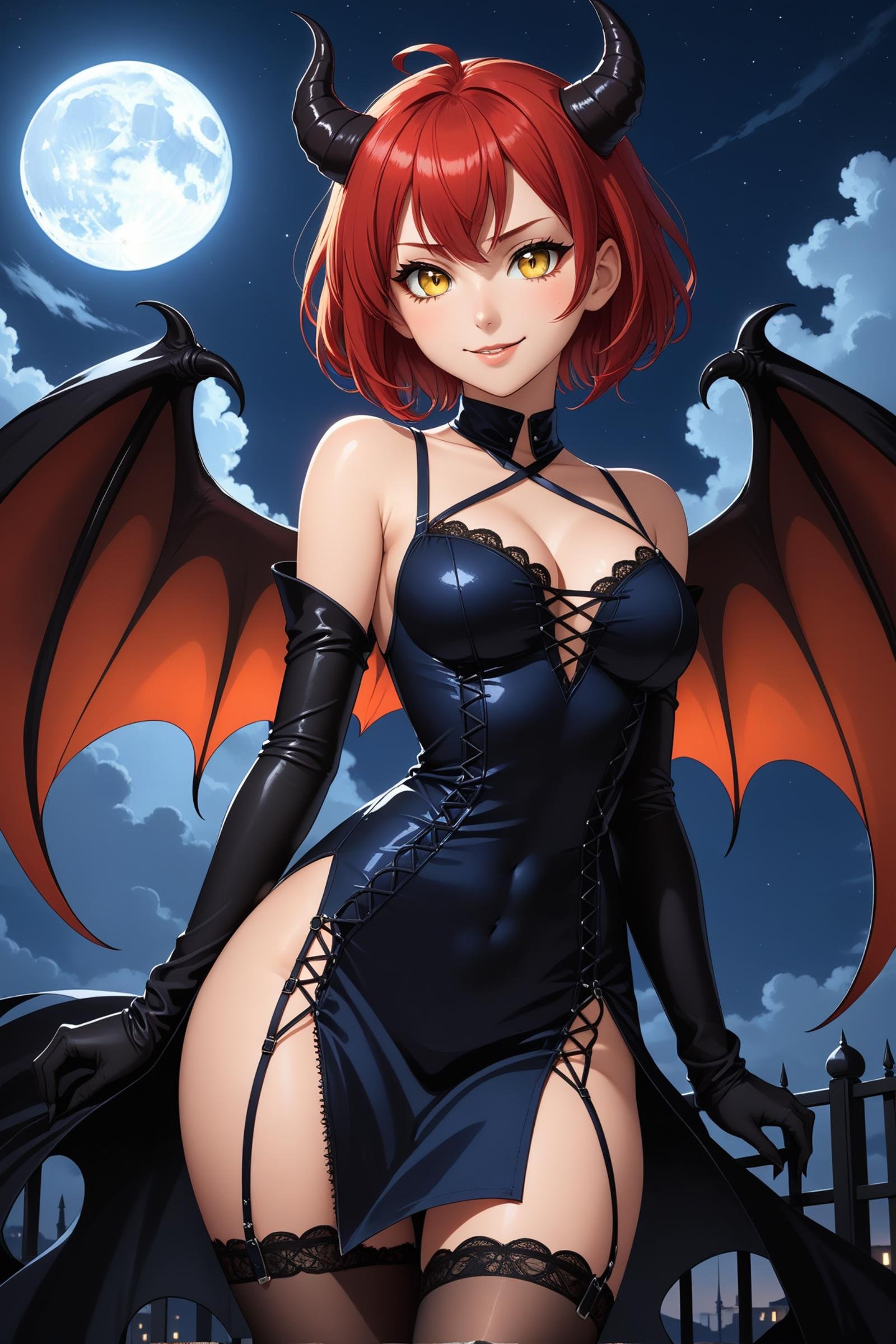 1 girl, 18yo, (((small black devil horns))):1.5, ((large black angel wings)):1.5, (((black wings))):1.8, decent makeup, perfect face, young looking face, perfect eyes, decent eyes shadow, perfect body, slim body, small breasts, cleavage, underboob, glowing eyes, (yellow eyes), (short hair), (extreme red hair:1.5), shiny hair, ((dark blue dress)), (((center opening dress, cross-laced slit, cross-laced clothes))), background night sky with stars, cowboy shot, demonic grin, thighhighs, elbow gloves, detached sleeves, center opening, (masterpiece:1.2), (best quality:1.2),  ultra-detailed, best shadow, detailed background, high contrast, (best illumination, an extremely delicate and beautiful), ((cinematic light)),  intricate details, 8k, anime, very aesthetic,