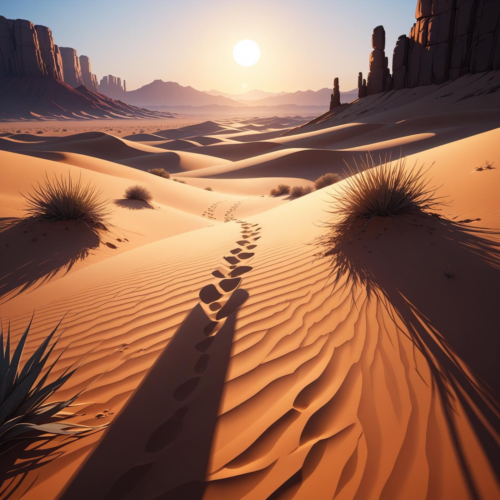 Sunrise in the desert,(masterpiece:1.2), (best quality:1.2),  ultra-detailed, best shadow, detailed background, high contrast, (best illumination, an extremely delicate and beautiful), ((cinematic light)), intricate details, 8k, anime, very aesthetic,