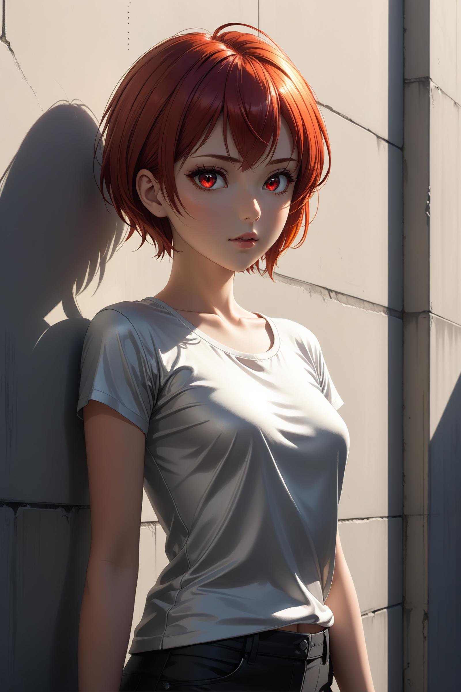 1 beautiful girl, details red eyes, short red hair, cool pose, concrete wall, slim body, small breasts, silver t-shirt, rays of sunshine,  cinematic, (masterpiece:1.2), (best quality:1.2), newest, ai-generated, ultra-detailed, best shadow, detailed background, high contrast, (best illumination, an extremely delicate and beautiful), ((cinematic light)), hyper detail, dramatic light, intricate details, 8k, anime, very aesthetic, vibrant color,