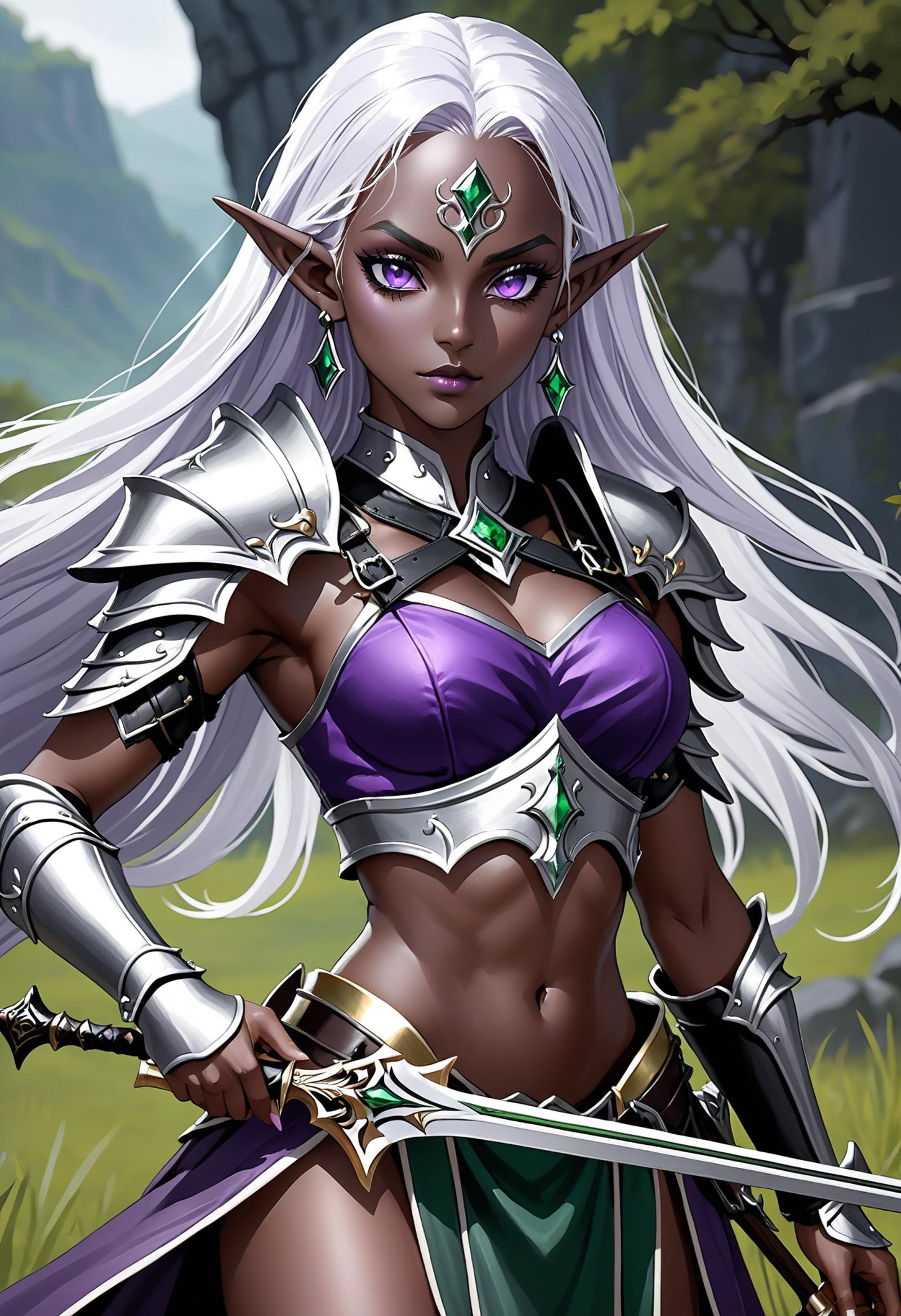 female dark elf, dark skin, gray skin, purple skin, white long hair, blushing, silver-black leather armor,  detailed eyes, purple eyes, beautiful detailed emerald earrings, holds a crossbow with her hands, ((aims a crossbow at the viewer)),