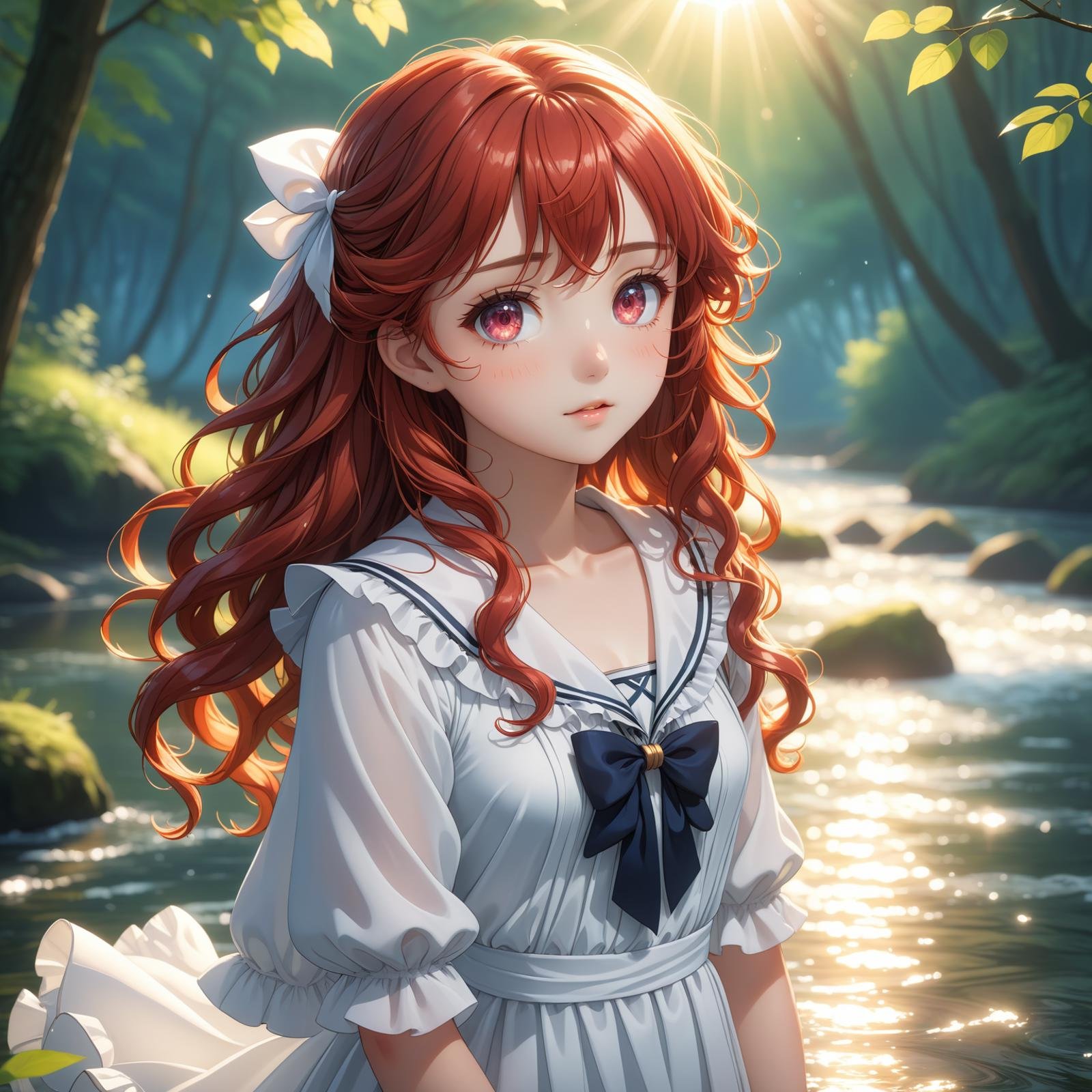 1 girl, long wavy curly red hair, expressionless, ((white idol dress)), anglesailor dress, (detailed wet clothes), silk shawl, frills,cute anime face ,blush,(beautiful detailed eyes), nature, sunlight, river, forest, beautiful and delicate water, shine, small breats, (masterpiece:1.2), (best quality:1.2), newest, ai-generated, ultra-detailed, best shadow, detailed background, high contrast, (best illumination, an extremely delicate and beautiful), ((cinematic light)), hyper detail, dramatic light, intricate details, 8k, anime, very aesthetic, vibrant color,