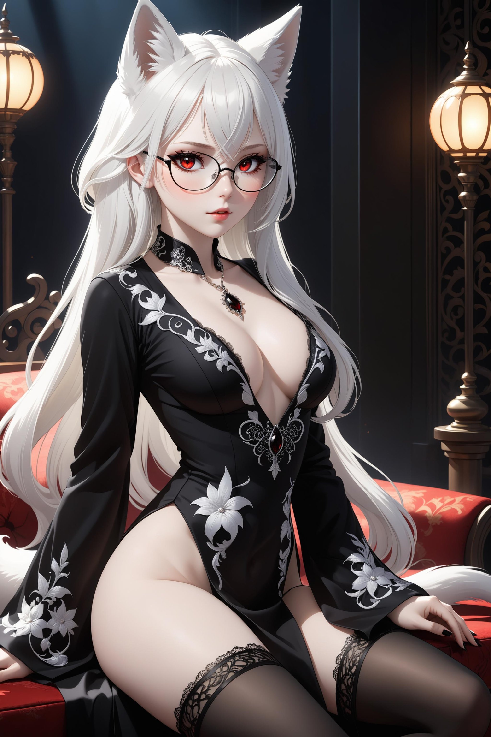 a very cute beautiful albino girl in a beautiful detailed black evening robe, v neck gown, cleavage, gorgeous looking girl, ((small breats)), long white hair, straight hair, bangs, ((red eyes)), glasses, beautiful detailed face and eyes, makeup, ((black smoky eyeshadow)):1.5, (small white fox ears), (white fox tail), beautiful detailed filigree black necklace, ((extreme pale skin)), ((extreme white skin)), ((full body view)), (black highheels boots, translucent stockings), realistic, (masterpiece, best quality, ultra-detailed, best shadow), detailed background, (beautiful detailed face), high contrast, (best illumination, an extremely delicate and beautiful), ((cinematic light)), hyper detail, dramatic light, intricate details, 8k, anime, very aesthetic,