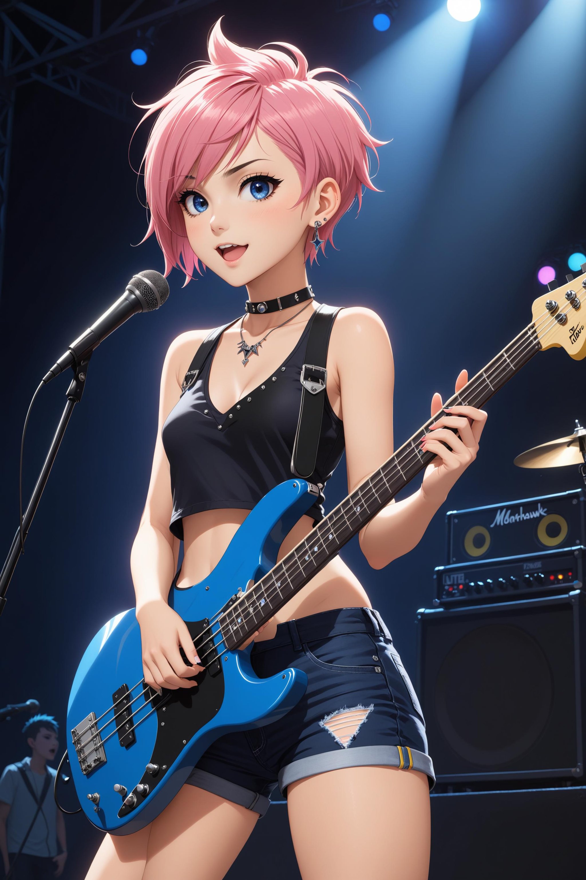 a cute girl, (((short pink hair))), (((punk undercut pixie cut mohawk))):1.5, (((undercut left))):1.5, ((long bangs)):1.5, ((hair over her right eye:1.6)), (lots of small earrings):1,2, ((black collar with silver rivets)), 26yo, deep blue eyes, medium breasts, short yellow tank top, ((yellow deep v neck top)):1.3, breathtaking cleavage, ((small short jeans hot pants)), (((she plays a dark blue electric bass guitar and singing))), sexy view, sensual smile, ((she is standing on a rock concert stage with an dark blue electric bass)), ((Drums and big speakers in background)), ((in front of her is a microphone stand)), (she plays dark blue bass guitar), the beam of the spotlight is aimed at them, beautiful detailed background, open mouth, full shot, view from the front, (masterpiece:1.2), (best quality:1.2), ultra-detailed, best shadow, detailed background, high contrast, (best illumination, an extremely delicate and beautiful), ((cinematic light)), intricate details, 8k, anime, very aesthetic,