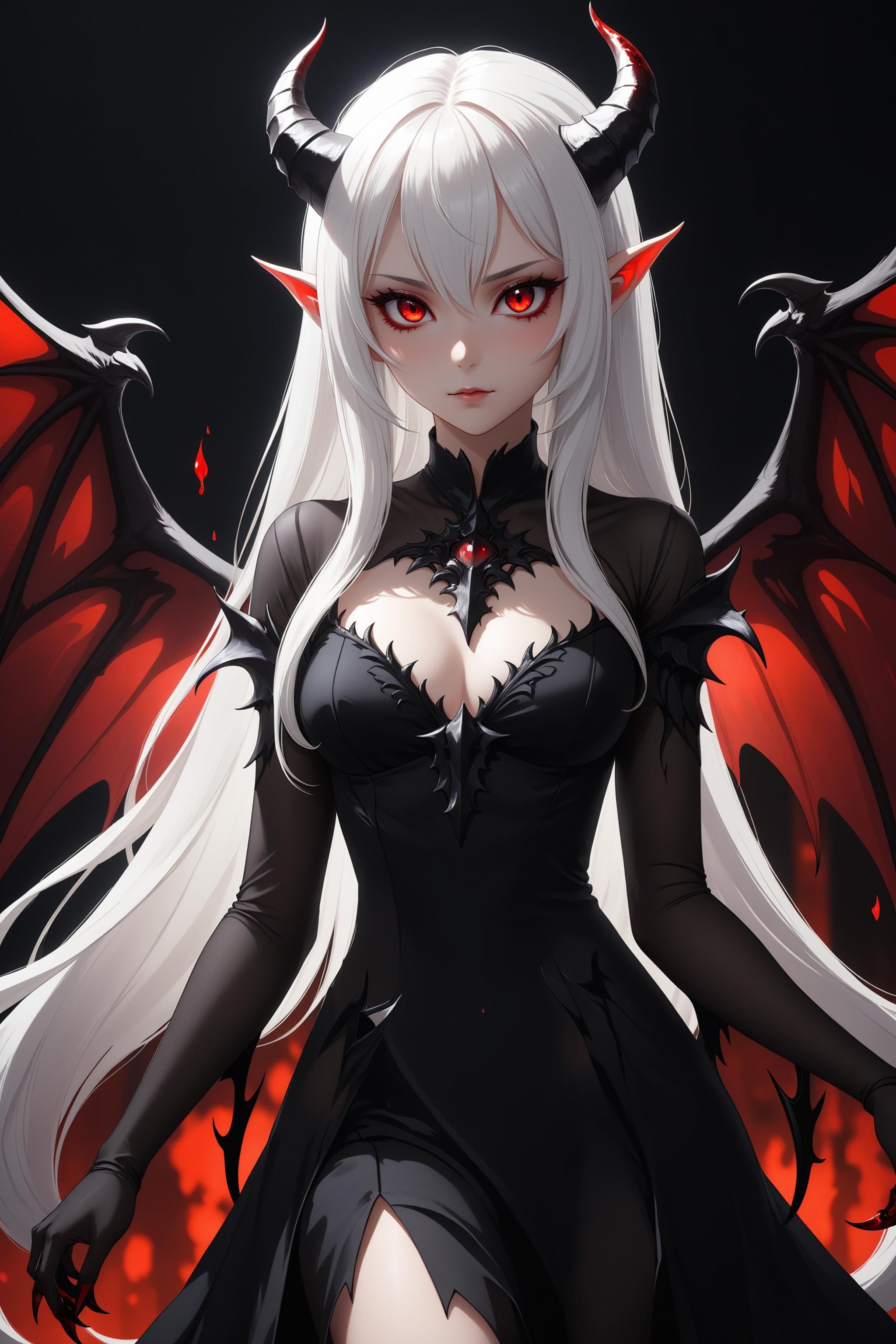 1 beautiful demon girl, long white hair, (short and small black demon horn), glowing red eyes, small pointed ears, (black-blood-red wings), ((claw hands)):1.5, black dress, beautiful face and eyes, slim body, medium small breasts, cleavage, holds a goblet full of blood in her claw, (masterpiece, best quality, ultra-detailed, best shadow), detailed background, high contrast, (best illumination, an extremely delicate and beautiful), ((cinematic light)),  intricate details, 8k, anime, very aesthetic,