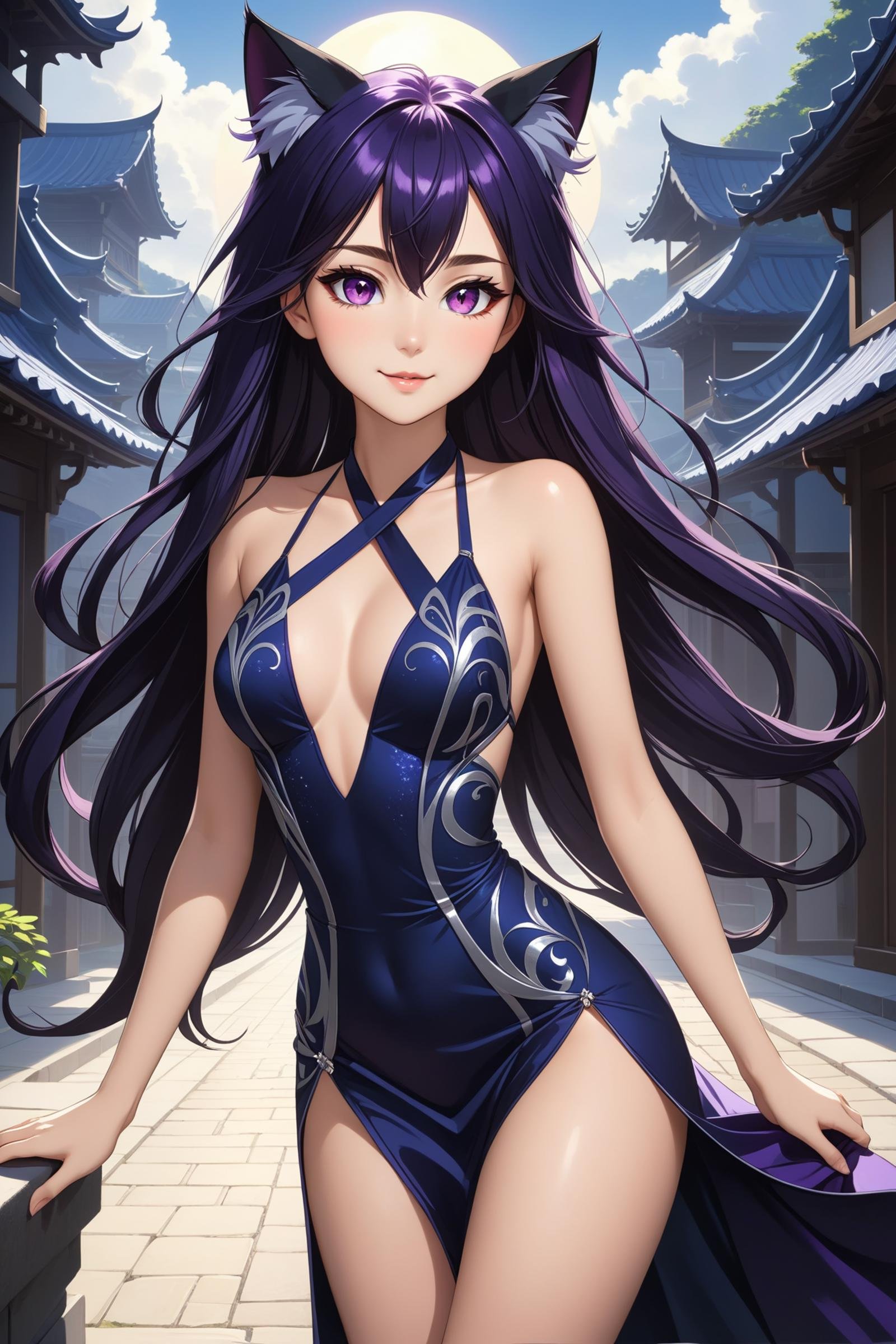 1 cute girl, 18yo, most beautiful, cute, (gorgeous face), eyeliner, ((extreme long hair)), ((dark violet hair and cat ears)), ((hair blows in the wind)), (pink eyes), slim waist, narrow shoulders, short torso, soft thighs, short face, (happy smile), ((medium small round breasts)), (beautiful detailed eyes), reflections in eyes, symmetrical eyes, (beautifully detailed face), detailed lips:1, detailed iris, (((dark blue and silver criss cross halter dress), perfect beautiful detailed dress ((fantasy world)), beautiful detailed background, absurdres,(masterpiece:1.2), (best quality:1.2), newest, ai-generated, ultra-detailed, best shadow, detailed background, high contrast, (best illumination, an extremely delicate and beautiful), ((cinematic light)), hyper detail, dramatic light, intricate details, 8k, anime, very aesthetic,