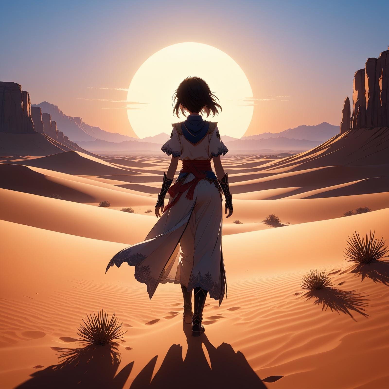 Sunrise in the desert,(masterpiece:1.2), (best quality:1.2),  ultra-detailed, best shadow, detailed background, high contrast, (best illumination, an extremely delicate and beautiful), ((cinematic light)), intricate details, 8k, anime, very aesthetic,