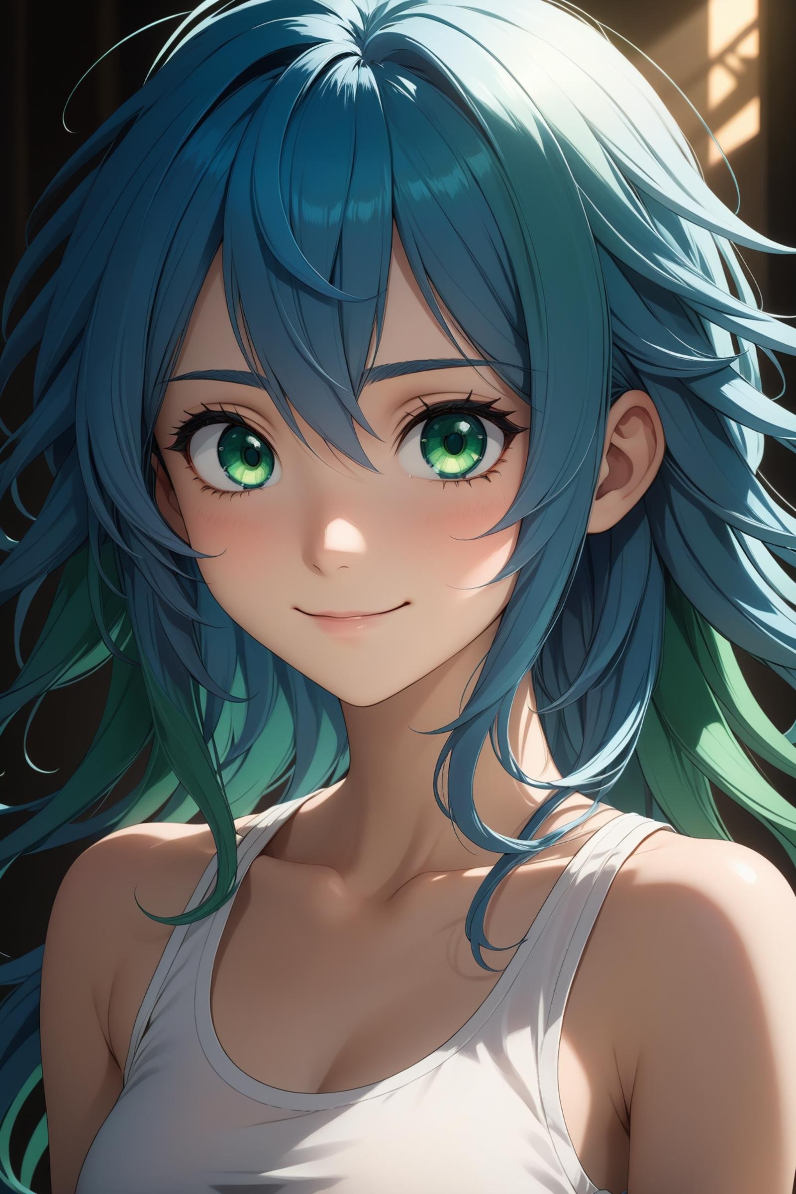 a beautiful blue haired girl, long messy hair, beautiful detailed deep green eyes,  shy smile, small breasts, white tank top, upper body view,(masterpiece:1.2), (best quality:1.2), ultra-detailed, best shadow, detailed background, high contrast, (best illumination, an extremely delicate and beautiful), ((cinematic light)), hyper detail, dramatic light, intricate details, 8k, anime, very aesthetic,