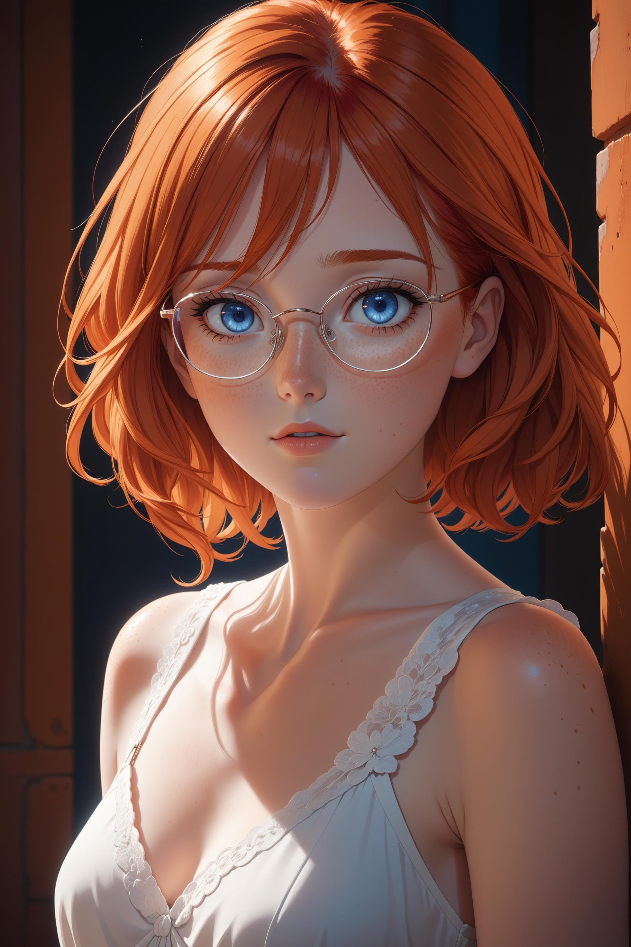 a young woman with red hair, small narrow glasses, wearing a white dress, freckles, looking at viewer, blue eyes, orange-red hair, parted lips, upper body (masterpiece:1.2), (best quality:1.2), ultra-detailed, best shadow, detailed background, high contrast, (best illumination, an extremely delicate and beautiful), ((cinematic light)), intricate details, 8k, anime, very aesthetic,