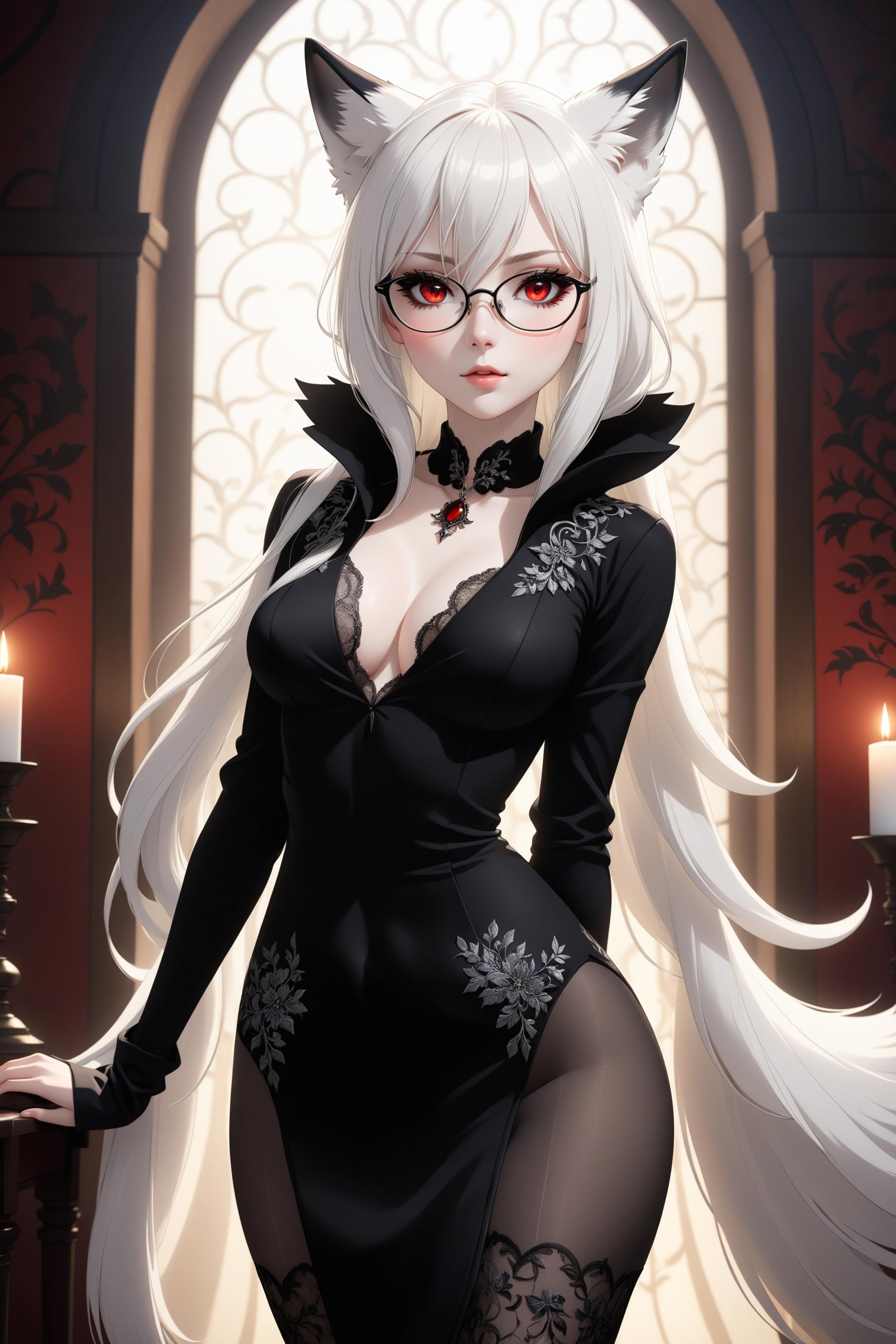 a very cute beautiful albino girl in a beautiful detailed black evening robe, v neck gown, cleavage, gorgeous looking girl, ((small breats)), long white hair, straight hair, bangs, ((red eyes)), glasses, beautiful detailed face and eyes, makeup, ((black smoky eyeshadow)):1.5, (small white fox ears), (white fox tail), beautiful detailed filigree black necklace, ((extreme pale skin)), ((extreme white skin)), ((full body view)), (black highheels boots, translucent stockings), realistic, (masterpiece, best quality, ultra-detailed, best shadow), detailed background, (beautiful detailed face), high contrast, (best illumination, an extremely delicate and beautiful), ((cinematic light)), hyper detail, dramatic light, intricate details, 8k, anime, very aesthetic,