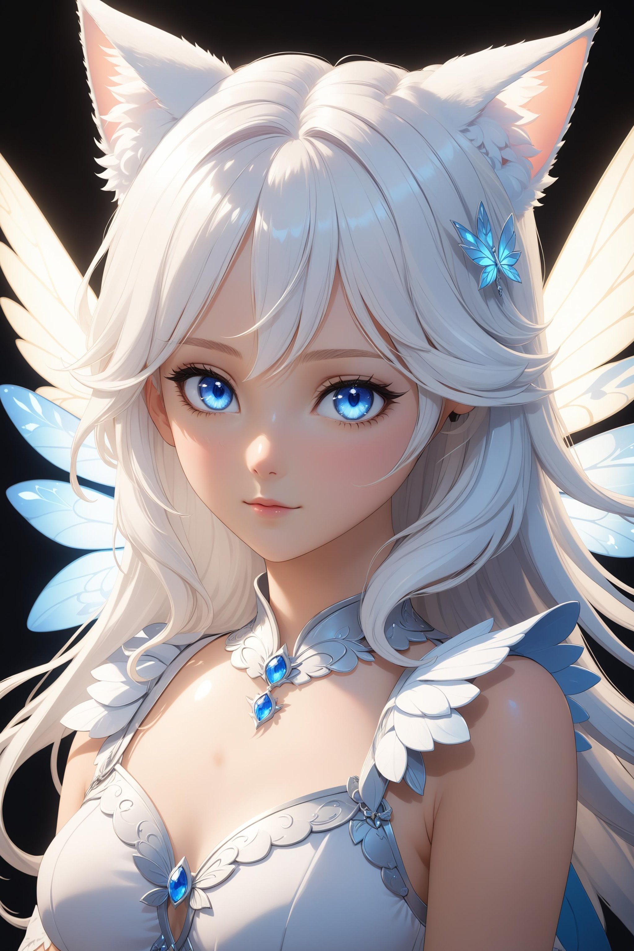 a young white girl in a fairy outfit with white cat ears and wings, 1girl, solo, long hair, blue eyes, wings, looking at viewer, animal ears, upper body, hair ornament, white hair, closed mouth, looking at viewer, (masterpiece, best quality, ultra-detailed, best shadow), detailed background, (beautiful detailed face), high contrast, (best illumination, an extremely delicate and beautiful), ((cinematic light)), hyper detail, dramatic light, intricate details, 8k, anime, very aesthetic,