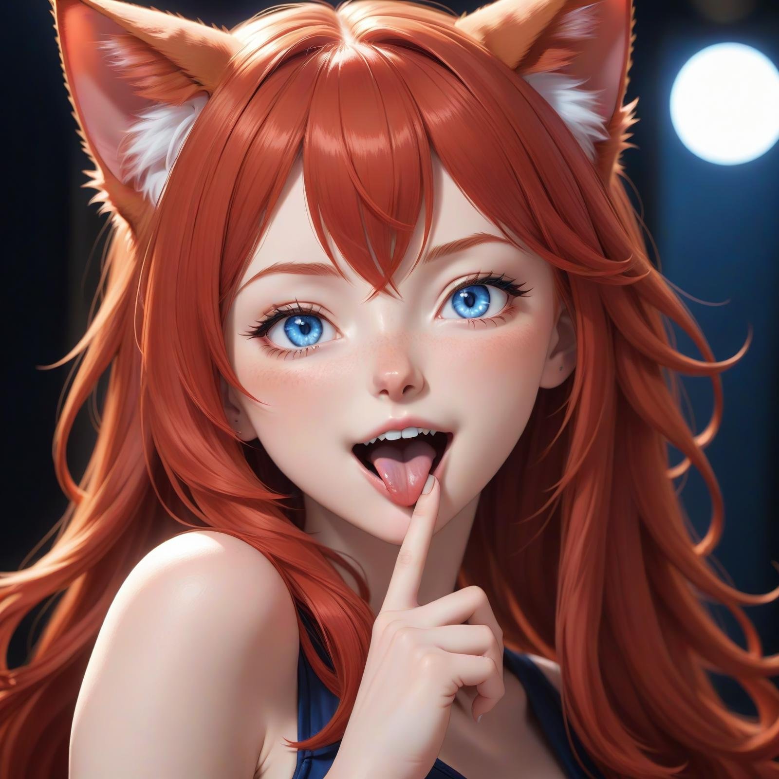 1 cute girl, 23yo,  vibrant red hair, shiny hair, long hair, (vibrant red cat ears), deep blue eyes,  (close up, face focus, head shot),  tongue out, tongue very far out, eyelid pull, finger to eyelid,(masterpiece:1.2), (best quality:1.2),  ultra-detailed, best shadow, detailed background, high contrast, (best illumination, an extremely delicate and beautiful), ((cinematic light)), intricate details, 8k, anime, very aesthetic,