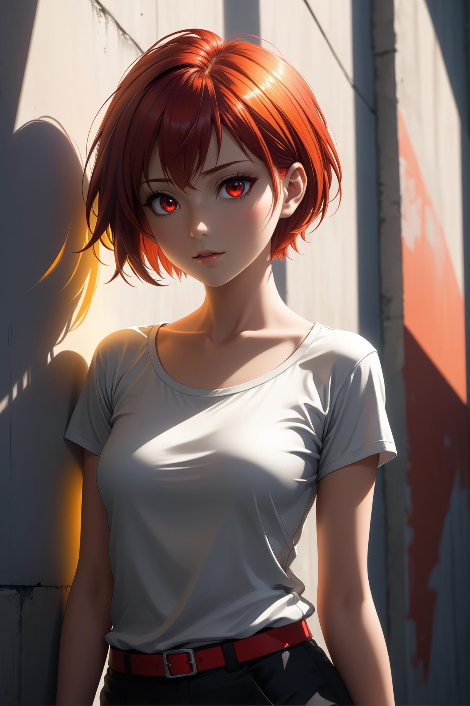 1 beautiful girl, details red eyes, short red hair, cool pose, concrete wall, slim body, small breasts, silver t-shirt, rays of sunshine,  cinematic, (masterpiece:1.2), (best quality:1.2), newest, ai-generated, ultra-detailed, best shadow, detailed background, high contrast, (best illumination, an extremely delicate and beautiful), ((cinematic light)), hyper detail, dramatic light, intricate details, 8k, anime, very aesthetic, vibrant color,