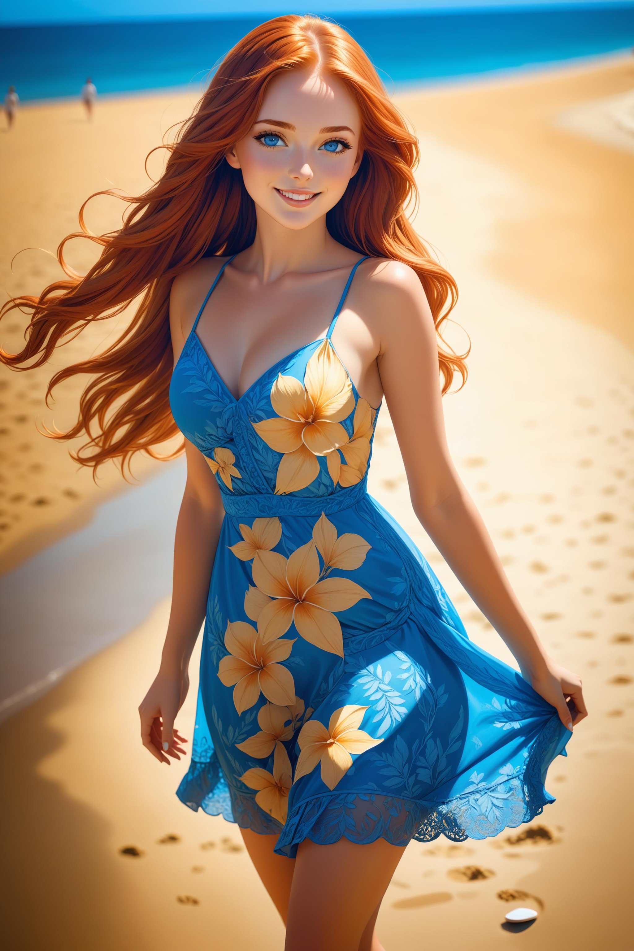 beautiful young woman model, long red-blond hair, blue eyes, attractive woman, hyper Gorgeous, with ultra detailed kind face, sexy, full body, shapely body, summer dress, walking on a beach, gorgeous smile, high heels, ((relaxed))), cinematic photo,35mm photograph, film, bokeh, professional, (masterpiece:1.2), (best quality:1.2), ultra-detailed, best shadow, detailed background, high contrast, (best illumination, an extremely delicate and beautiful), ((cinematic light)), hyper detail, dramatic light, intricate details, 8k, very aesthetic,