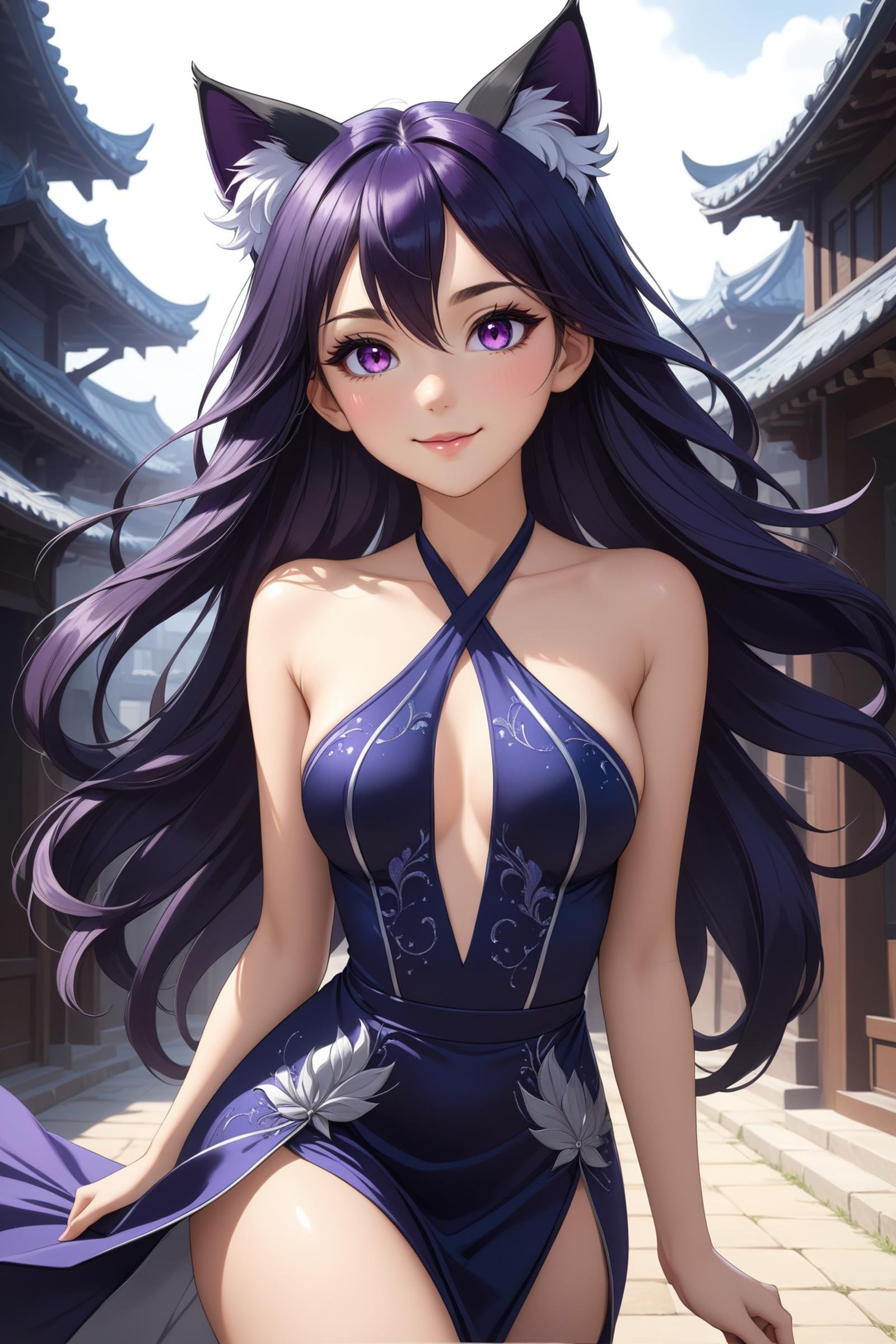 1 cute girl, 18yo, most beautiful, cute, (gorgeous face), eyeliner, ((extreme long hair)), ((dark violet hair and cat ears)), ((hair blows in the wind)), (pink eyes), slim waist, narrow shoulders, short torso, soft thighs, short face, (happy smile), ((medium small round breasts)), (beautiful detailed eyes), reflections in eyes, symmetrical eyes, (beautifully detailed face), detailed lips:1, detailed iris, (((dark blue and silver criss cross halter dress), perfect beautiful detailed dress ((fantasy world)), beautiful detailed background, absurdres,(masterpiece:1.2), (best quality:1.2), newest, ai-generated, ultra-detailed, best shadow, detailed background, high contrast, (best illumination, an extremely delicate and beautiful), ((cinematic light)), hyper detail, dramatic light, intricate details, 8k, anime, very aesthetic,