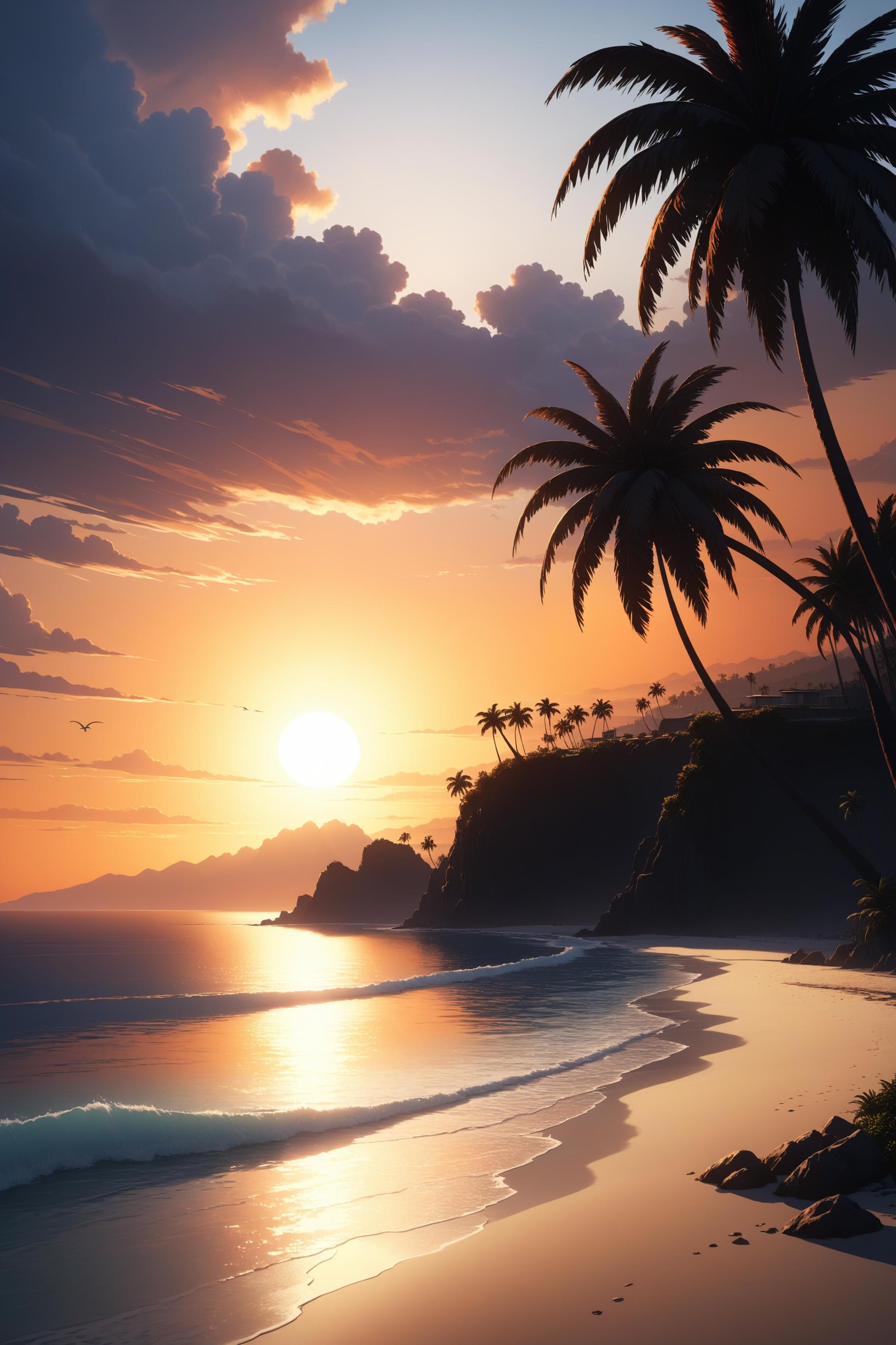 cliffbuilding, (sea bay), beach, palm tree, sunset, orange sky, cloud, (masterpiece),(ultra-detailed), 8k, (highly detailed CG illustration),(expressionless), (best quality:1.1), High quality texture, intricate details, detailed texture, High quality shadow, Cinematic Light, Depth of field, light source contrast, perspective,20s