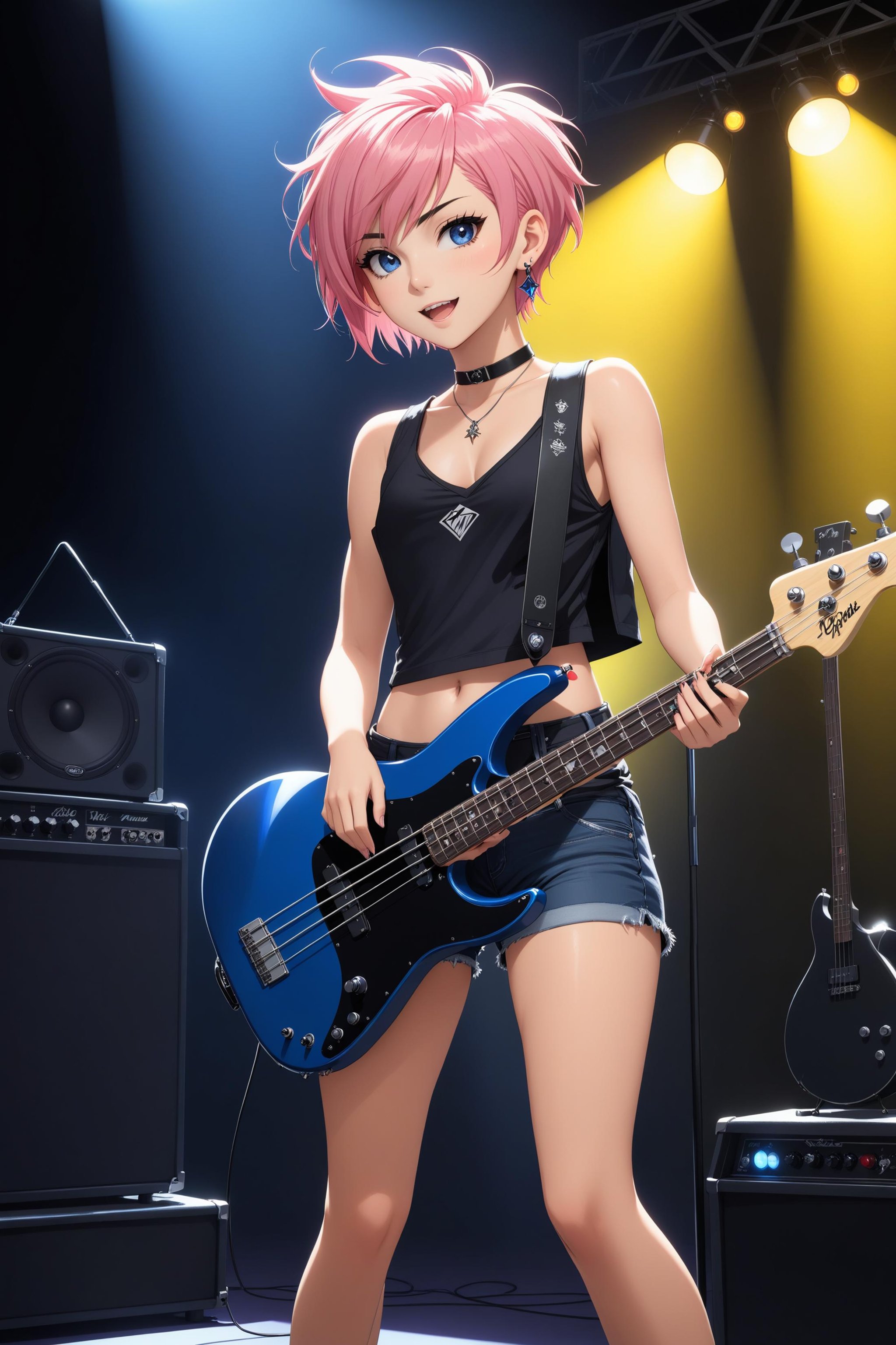 a cute girl, (((short pink hair))), (((punk undercut pixie cut mohawk))):1.5, (((undercut left))):1.5, ((long bangs)):1.5, ((hair over her right eye:1.6)), (lots of small earrings):1,2, ((black collar with silver rivets)), 26yo, deep blue eyes, medium breasts, short yellow tank top, ((yellow deep v neck top)):1.3, breathtaking cleavage, ((small short jeans hot pants)), (((she plays a dark blue electric bass guitar and singing))), sexy view, sensual smile, ((she is standing on a rock concert stage with an dark blue electric bass)), ((Drums and big speakers in background)), ((in front of her is a microphone stand)), (she plays dark blue bass guitar), the beam of the spotlight is aimed at them, beautiful detailed background, open mouth, full shot, view from the front, (masterpiece:1.2), (best quality:1.2), ultra-detailed, best shadow, detailed background, high contrast, (best illumination, an extremely delicate and beautiful), ((cinematic light)), intricate details, 8k, anime, very aesthetic,