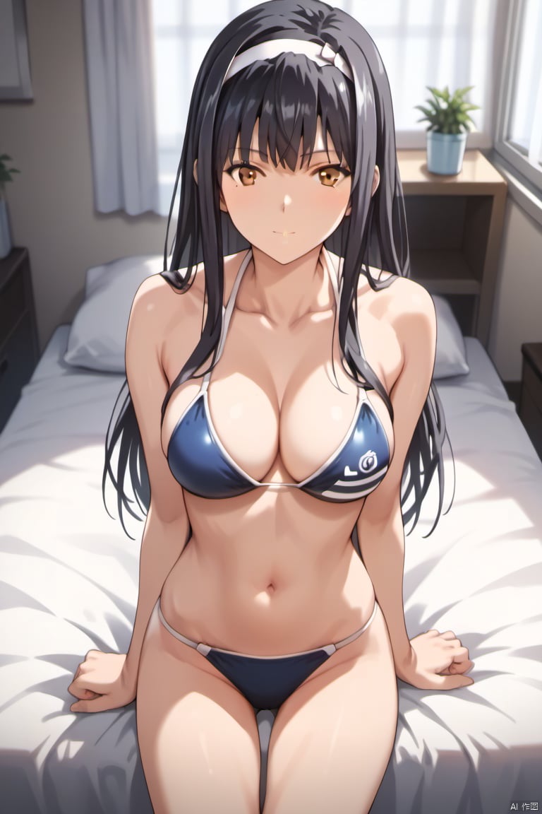 score_9,score_8,score_7,masterpiece,best quality,ultra-detailed,uncensored,source_anime,,1girl, solo, SanaHayami, solo,  black hair, long hair, bangs, brown eyes, white headband, slim body,slim legs,large breasts,bikini,