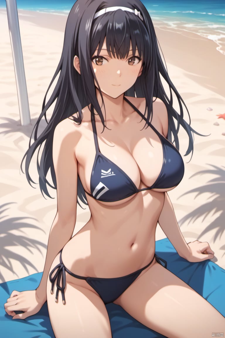 score_9,score_8,score_7,masterpiece,best quality,ultra-detailed,uncensored,source_anime,,1girl, solo, SanaHayami, solo,  black hair, long hair, bangs, brown eyes, white headband, slim body,slim legs,large breasts,bikini,on beach,