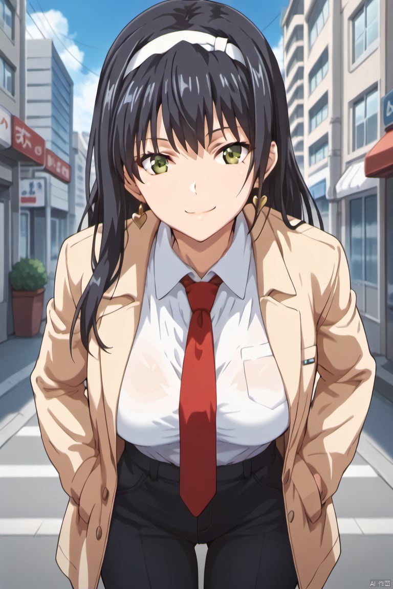 score_9,score_8,score_7,anime style,1girl, solo, SanaHayami, solo,  black hair, long hair, bangs, brown eyes, white headband, big breast,outdoors, city, cowboy shot, looking at viewer, smile, closed mouth, green eyes, open jacket, collared shirt, long sleeves, black necktie, black pants, leaning forward, hands on pocket, standing, golden earrings, heart earrings