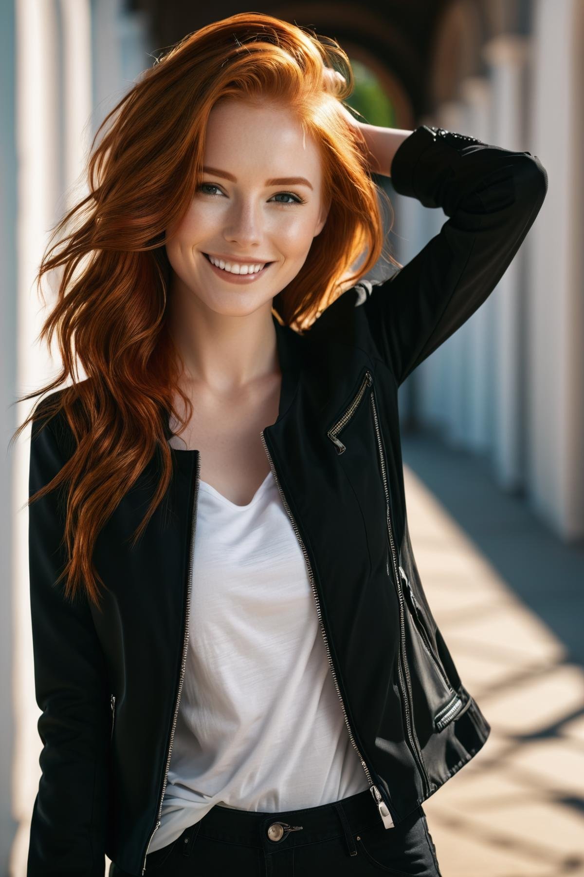 A beautiful red haired girl smiles, open black jacket, white t-shirt, adjust her hair, (masterpiece:1.2), (best quality:1.2), best shadow, detailed background, high contrast, (best illumination, an extremely delicate and beautiful), ((cinematic light)), intricate details, 8k, very aesthetic, photorealistic,