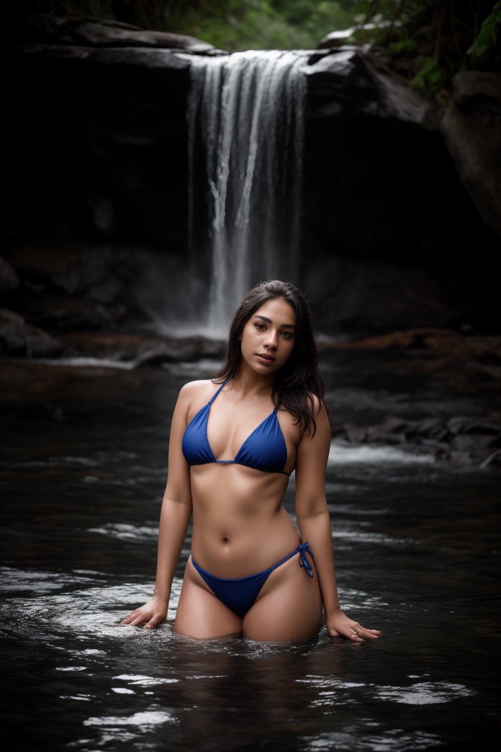 Single peac bikini model in water fall, cinematic view, low light, dim, dark 