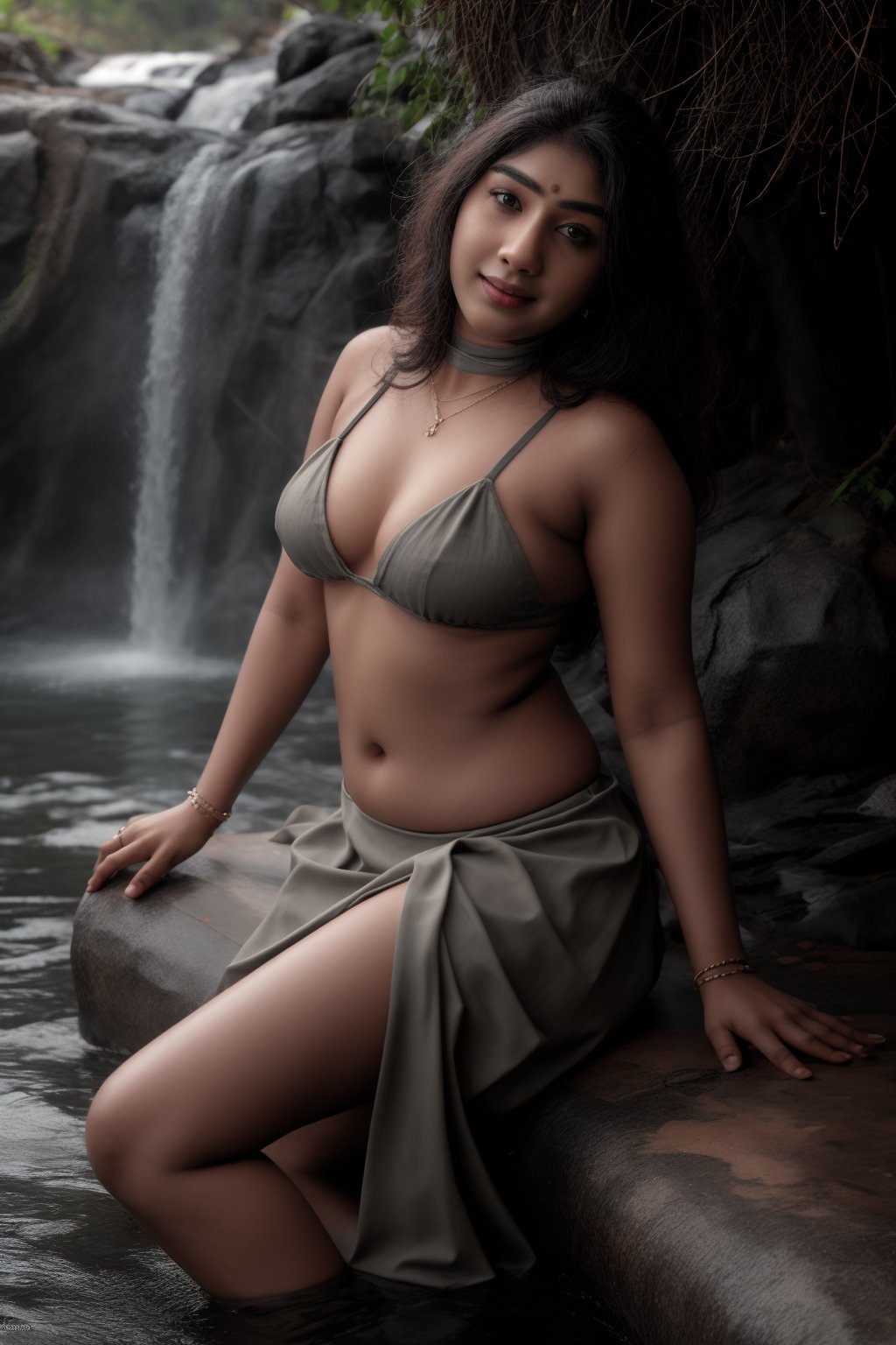 Nayagara waterfall, Single navel covered bikini model in water fall, cinematic view, low light, dim, dark , half portrait, (RAW photo, best quality), (realistic, photo-Realistic:1.1), best quality, masterpiece, beautiful and aesthetic, 16K, (HDR:1.2), high contrast, (vibrant color:1.3), (muted colors, dim colors, soothing tones:0.5), cinematic lighting, ambient lighting, sidelighting, Exquisite details and textures, cinematic shot, Warm tone, (Bright and intense:1.1), wide shot, by xm887, ultra realistic illustration, (sexy girl costume:1),	head to thigh portrait:1.1,	long Wave hair, 	(a shy smile:1.4),	black	choker,	gray eyes,	 movie poster, golden ratio, mallu 