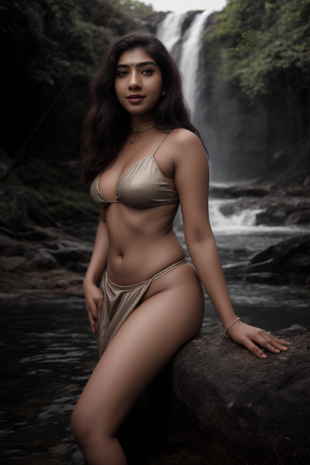 Nayagara waterfall, Single navel covered bikini model in water fall, cinematic view, low light, dim, dark , half portrait, (RAW photo, best quality), (realistic, photo-Realistic:1.1), best quality, masterpiece, beautiful and aesthetic, 16K, (HDR:1.2), high contrast, (vibrant color:1.3), (muted colors, dim colors, soothing tones:0.5), cinematic lighting, ambient lighting, sidelighting, Exquisite details and textures, cinematic shot, Warm tone, (Bright and intense:1.1), wide shot, by xm887, ultra realistic illustration, (sexy girl costume:1),	head to thigh portrait:1.1,	long Wave hair, 	(a shy smile:1.4),	black	choker,	gray eyes,	 movie poster, golden ratio, mallu 