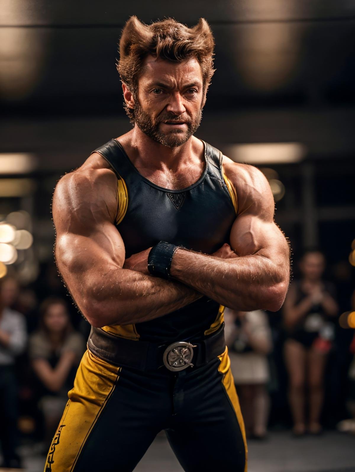 hughj <lora:hughj-v1:0.8>, beard, upper body, , (wolverine hair) , fight pose, in a wolverine costume with his claws out and his hands out,<lora:WOLVERINE:0.4>