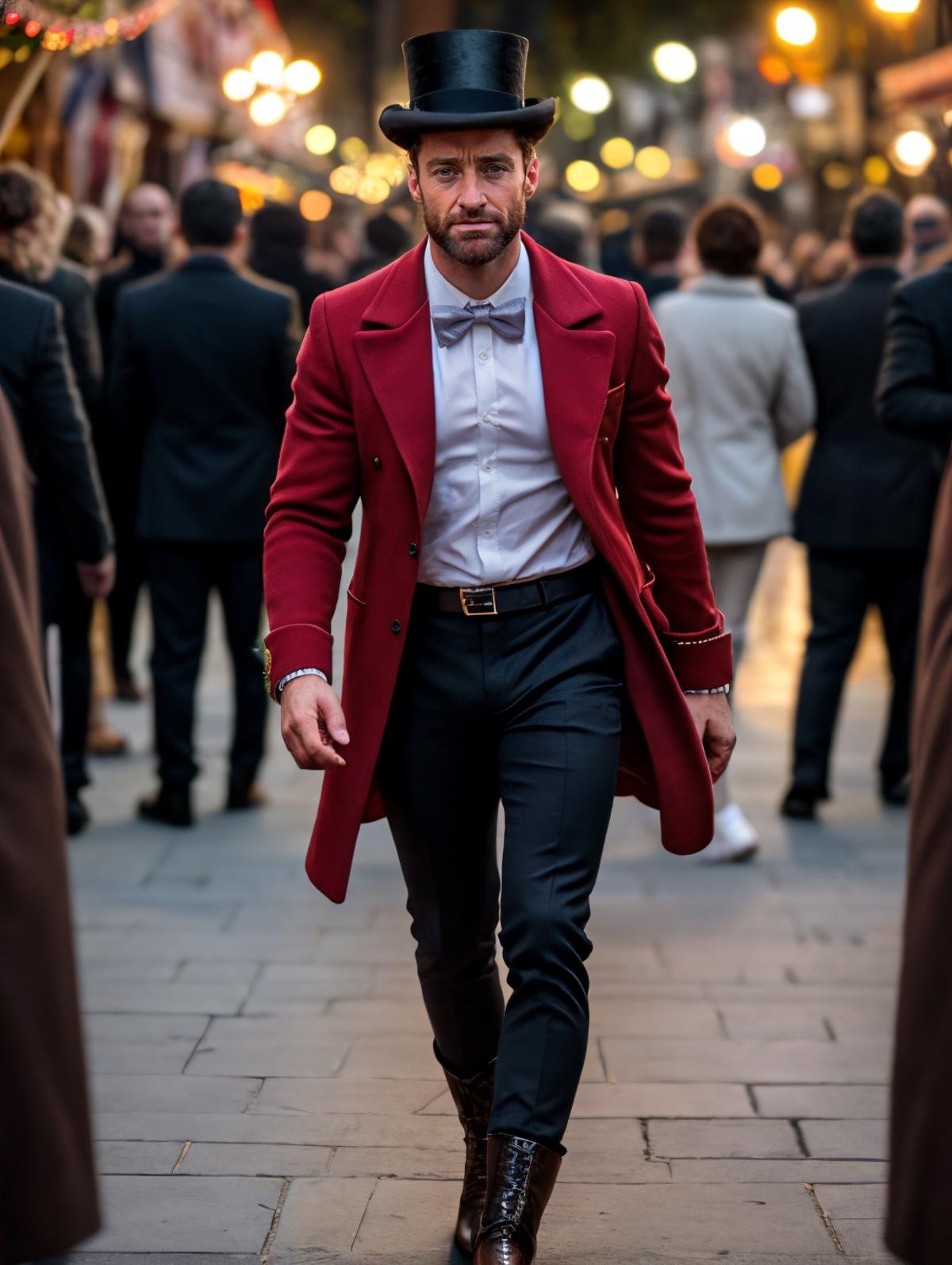 8k HD RAW High resolution photo of  hughj <lora:hughj-v1:0.7>, beard, top hat, red jacket, white shirt