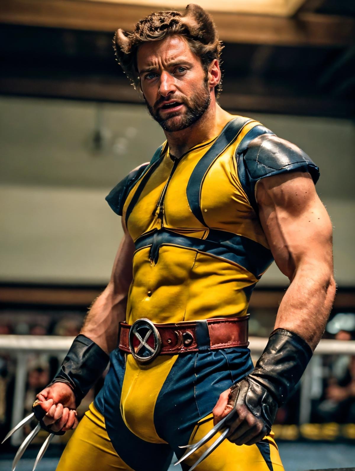 hughj <lora:hughj-v1:0.8>, beard, upper body, , (wolverine hair) , fight pose, in a wolverine costume with his claws out and his hands out,<lora:WOLVERINE:0.4>