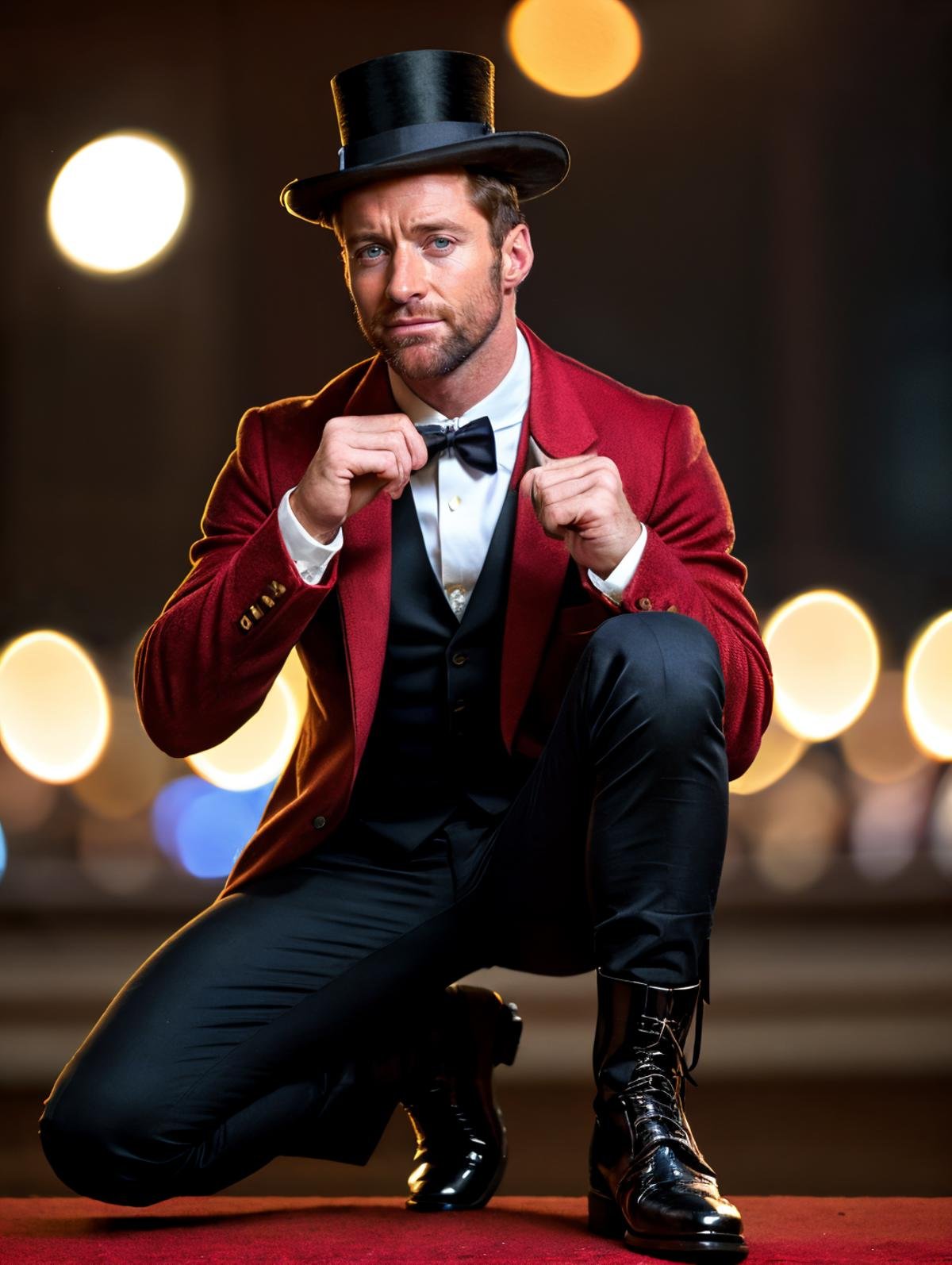 8k HD RAW High resolution photo of  hughj <lora:hughj-v1:0.7>,  beard, top hat, red jacket, white shirt 