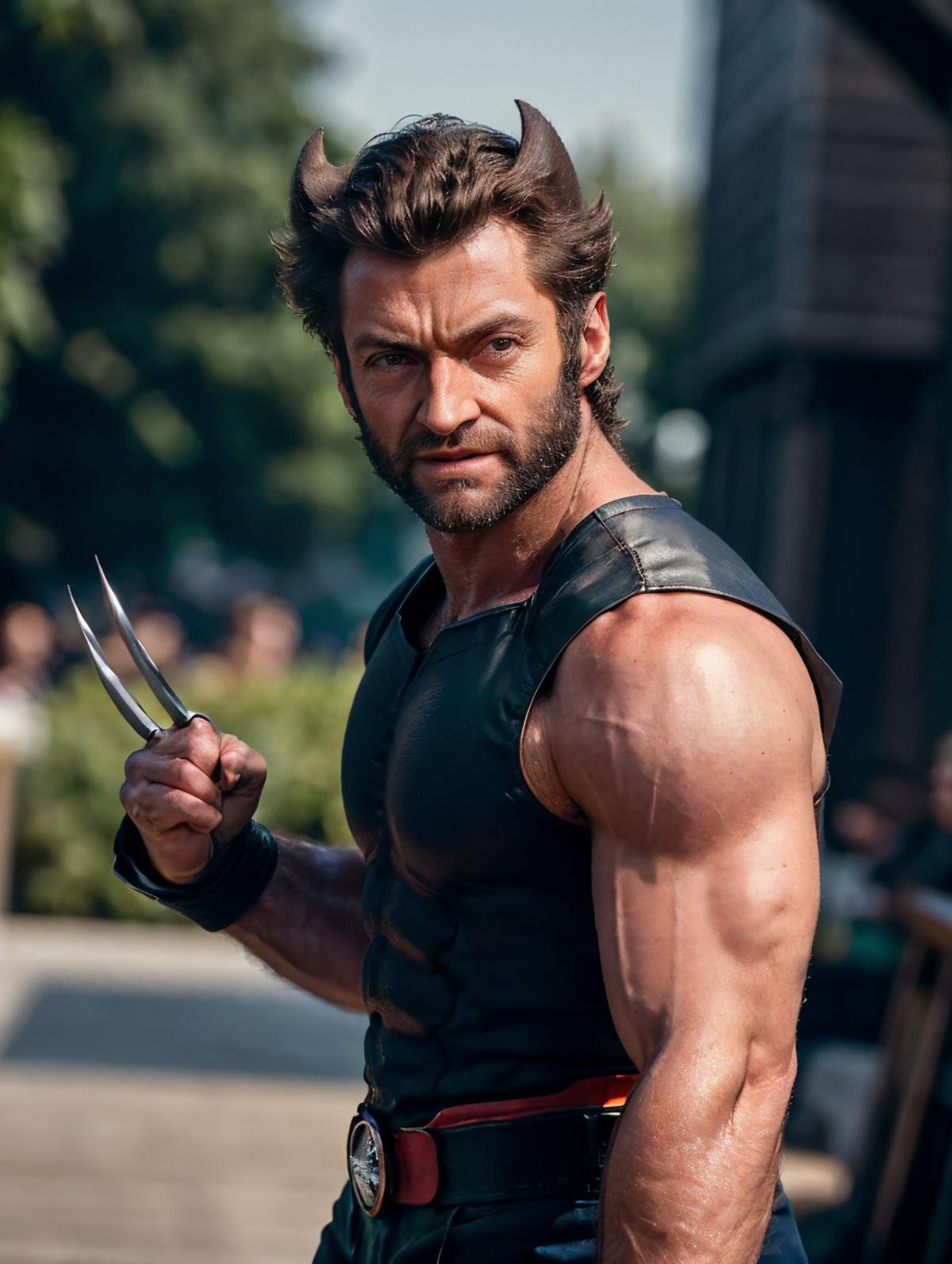 hughj <lora:hughj-v1:0.8>, beard, upper body, , (wolverine hair) , fight pose, in a wolverine costume with his claws out and his hands out,<lora:WOLVERINE:0.4>