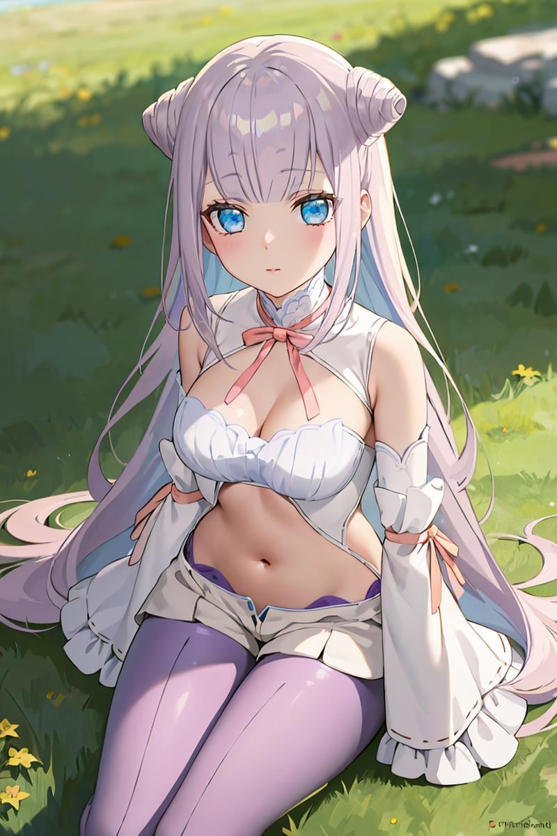 masterpiece, best quality, ultra-detailed, glistening shiny, glowing light, ray tracing, HDR, deph of field, (perfect face, detailed face),  <lora:MimoriByakuya:0.9>, mimoribyakuya, very long hair, double hair bun, white dress, pleated shorts, white sleeves, navel, sleeves past wrists, purple pantyhose, pink neck ribbon, sitting