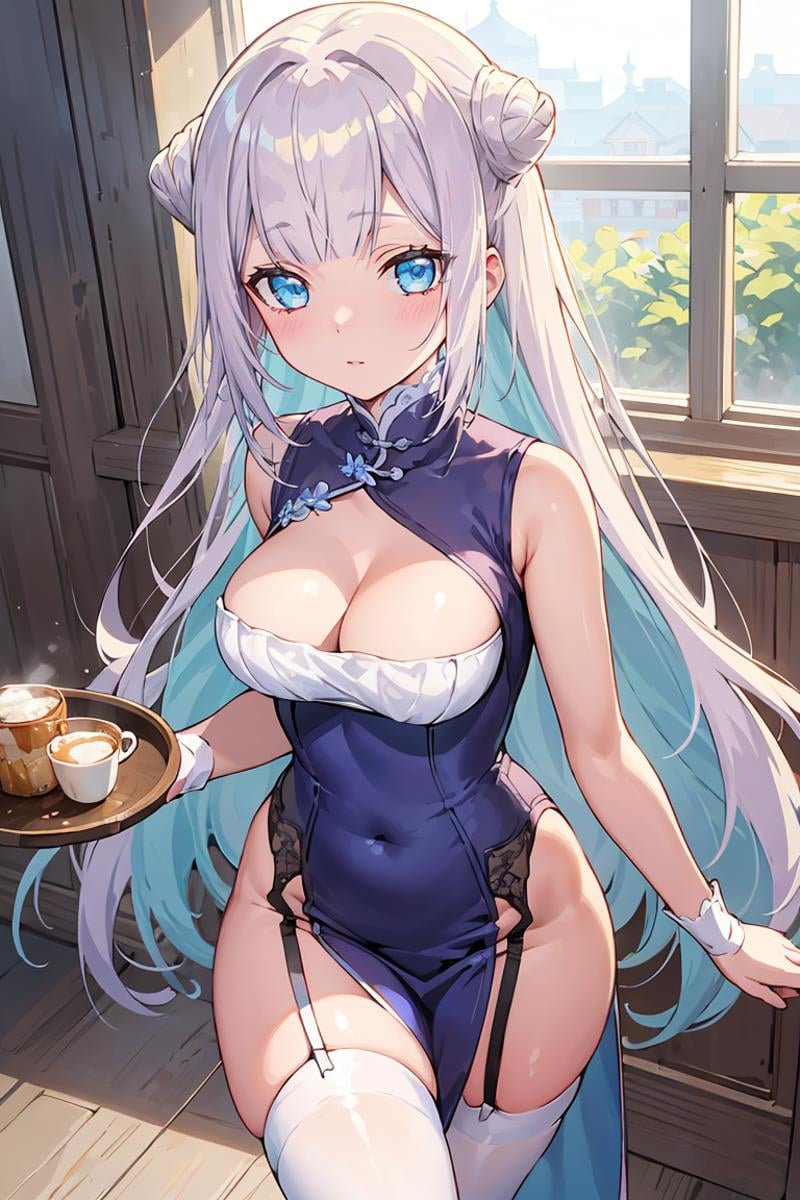 masterpiece, best quality, ultra-detailed, glistening shiny, glowing light, ray tracing, HDR, deph of field, (perfect face, detailed face), <lora:MimoriByakuya:0.8>, mimoribyakuya, very long hair, double hair bun, medium breasts, china dress, cleavage, bare arms, no panties, pelvic curtain, garter straps, thighhighs, holding tray, walking, cafe, indoors