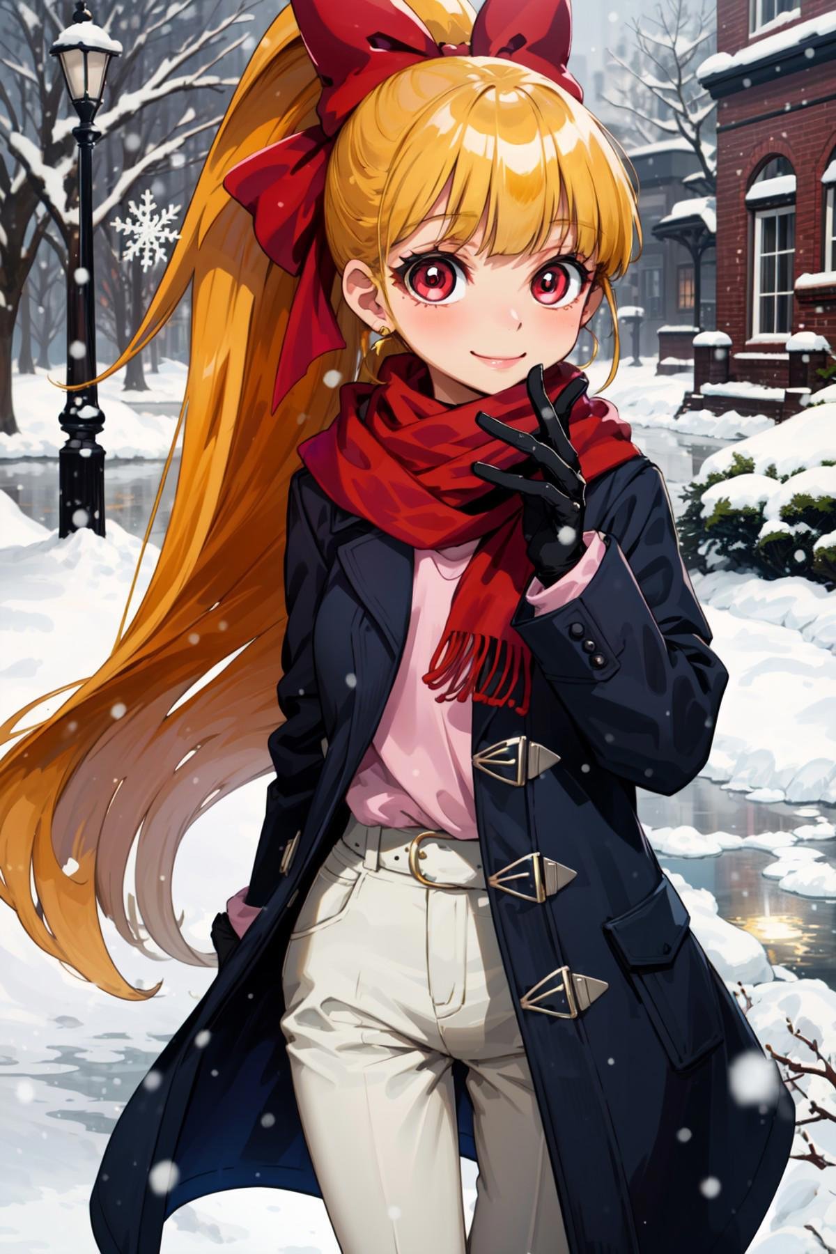 masterpiece,best quality,1girl,ppgzmmk,long hair,blonde hair,hair bow,blunt bangs,ponytail,red eyes,coat,scarf,pants,gloves,smile,snow,snowing,snowflakes,park,town,<lora:Momoko_PPGZ:1>,