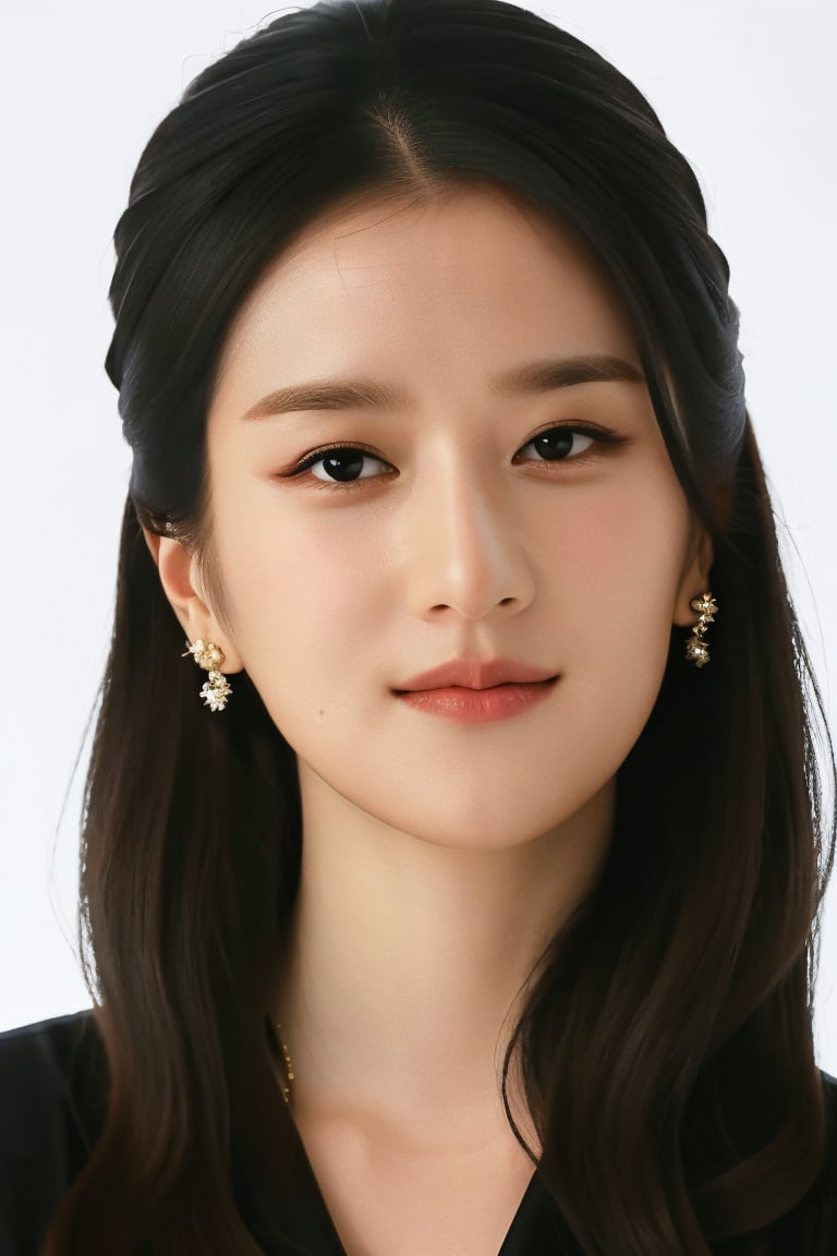 1girl, white background, hair bond,  slanted eyes,seoji