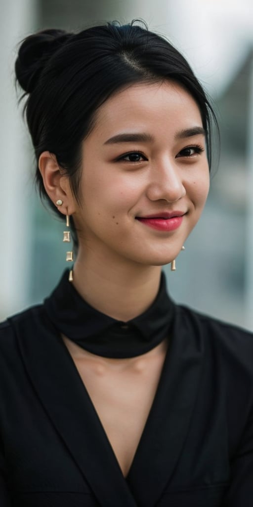 1girl, solo, smile, short hair, black hair, jewelry, closed mouth, earrings, hair bun, mole, blurry, black eyes, lips, black shirt, single hair bun, portrait, mole under mouth, realistic