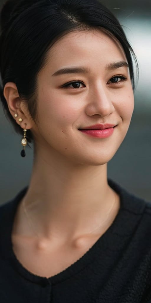 1girl, solo, smile, short hair, black hair, jewelry, closed mouth, earrings, hair bun, mole, blurry, black eyes, lips, black shirt, single hair bun, portrait, mole under mouth, realistic,seoji