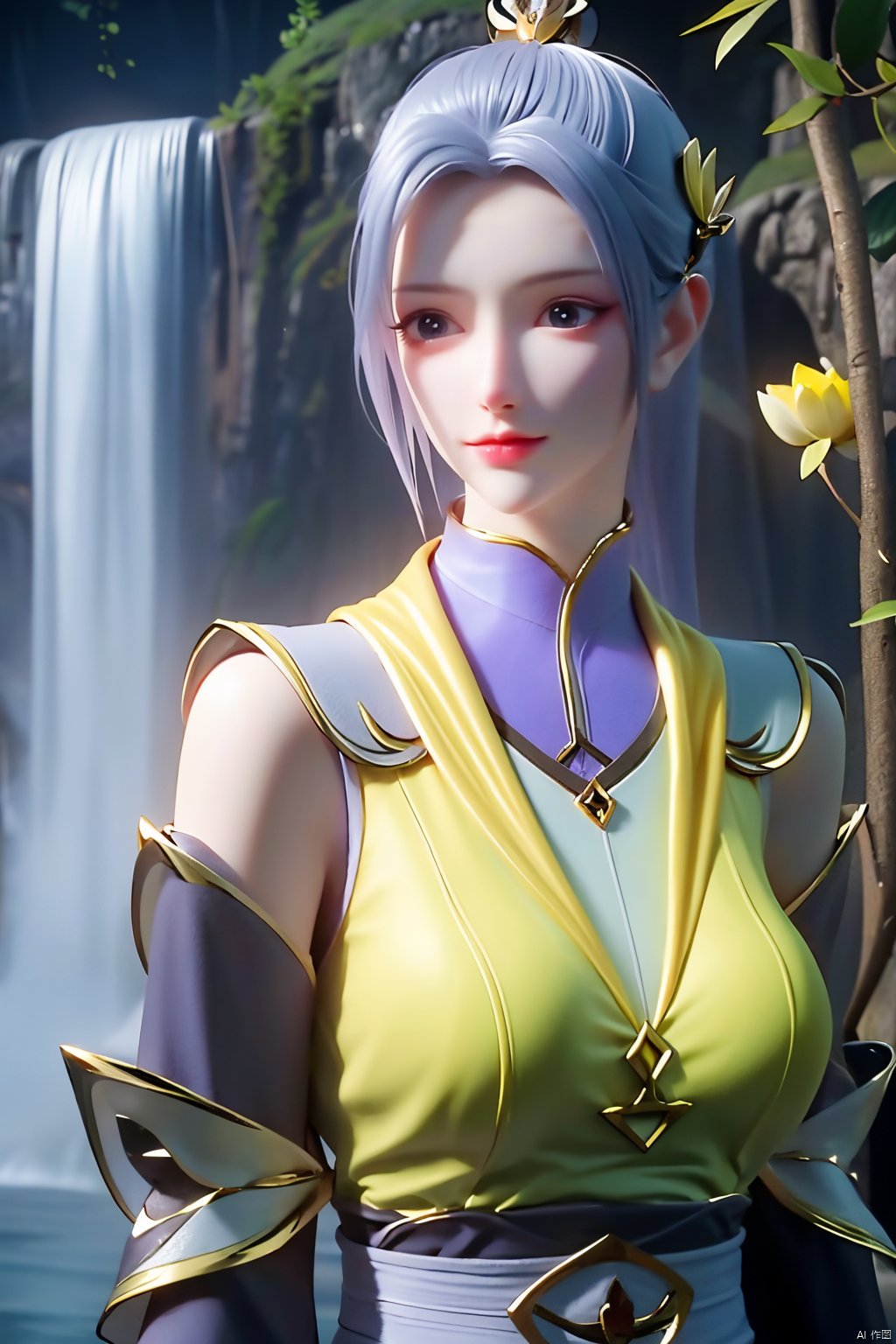 masterpiece,(best quality),official art,(extremely delicate and beautiful),solo,(yellow chinese clothes,yellow dress,bare shoulders,frilled collar,earrings,long sleeves),1girl,solo,black hair,facial mark,forehead mark,hair bun,hair ornament,hair stick,jewelry,long hair,,adfxx,,Xhanyue,(big breasts:1.39),(flowers,Waterfall, lotus, willow, butterfly:1.23)