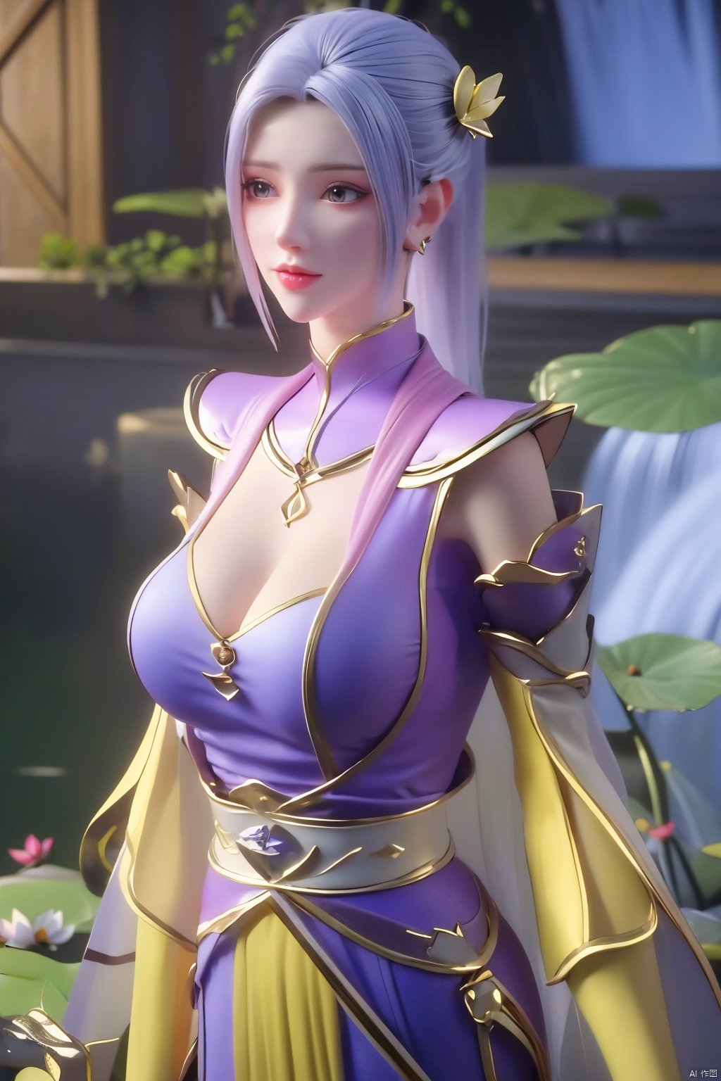 masterpiece,(best quality),official art,(extremely delicate and beautiful),solo,(yellow chinese clothes,yellow dress,bare shoulders,frilled collar,earrings,long sleeves),1girl,solo,black hair,facial mark,forehead mark,hair bun,hair ornament,hair stick,jewelry,long hair,,adfxx,,Xhanyue,(big breasts:1.39),(flowers,Waterfall, lotus, willow, butterfly:1.23)