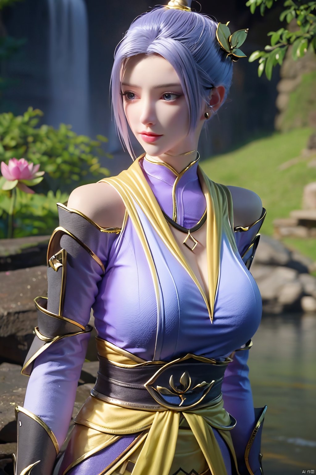 masterpiece,(best quality),official art,(extremely delicate and beautiful),solo,(yellow chinese clothes,yellow dress,bare shoulders,frilled collar,earrings,long sleeves),1girl,solo,black hair,facial mark,forehead mark,hair bun,hair ornament,hair stick,jewelry,long hair,,adfxx,,Xhanyue,(big breasts:1.39),(flowers,Waterfall, lotus, willow, butterfly:1.23)