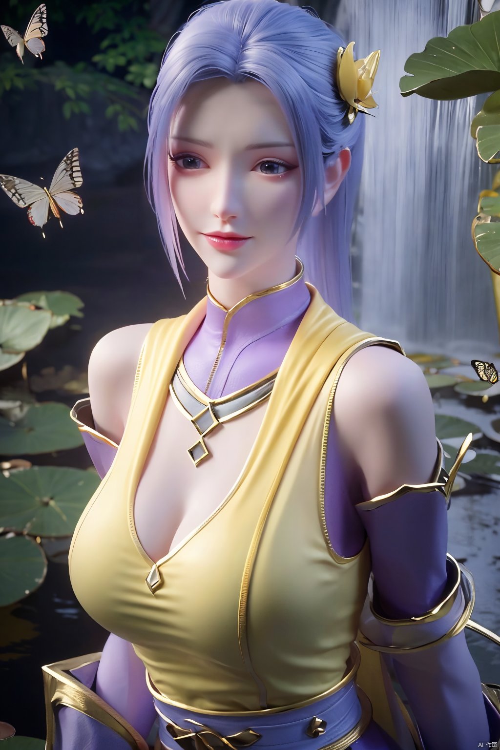 masterpiece,(best quality),official art,(extremely delicate and beautiful),solo,(yellow chinese clothes,yellow dress,bare shoulders,frilled collar,earrings,long sleeves),1girl,solo,black hair,facial mark,forehead mark,hair bun,hair ornament,hair stick,jewelry,long hair,,adfxx,,Xhanyue,(big breasts:1.39),(flowers,Waterfall, lotus, willow, butterfly:1.23)