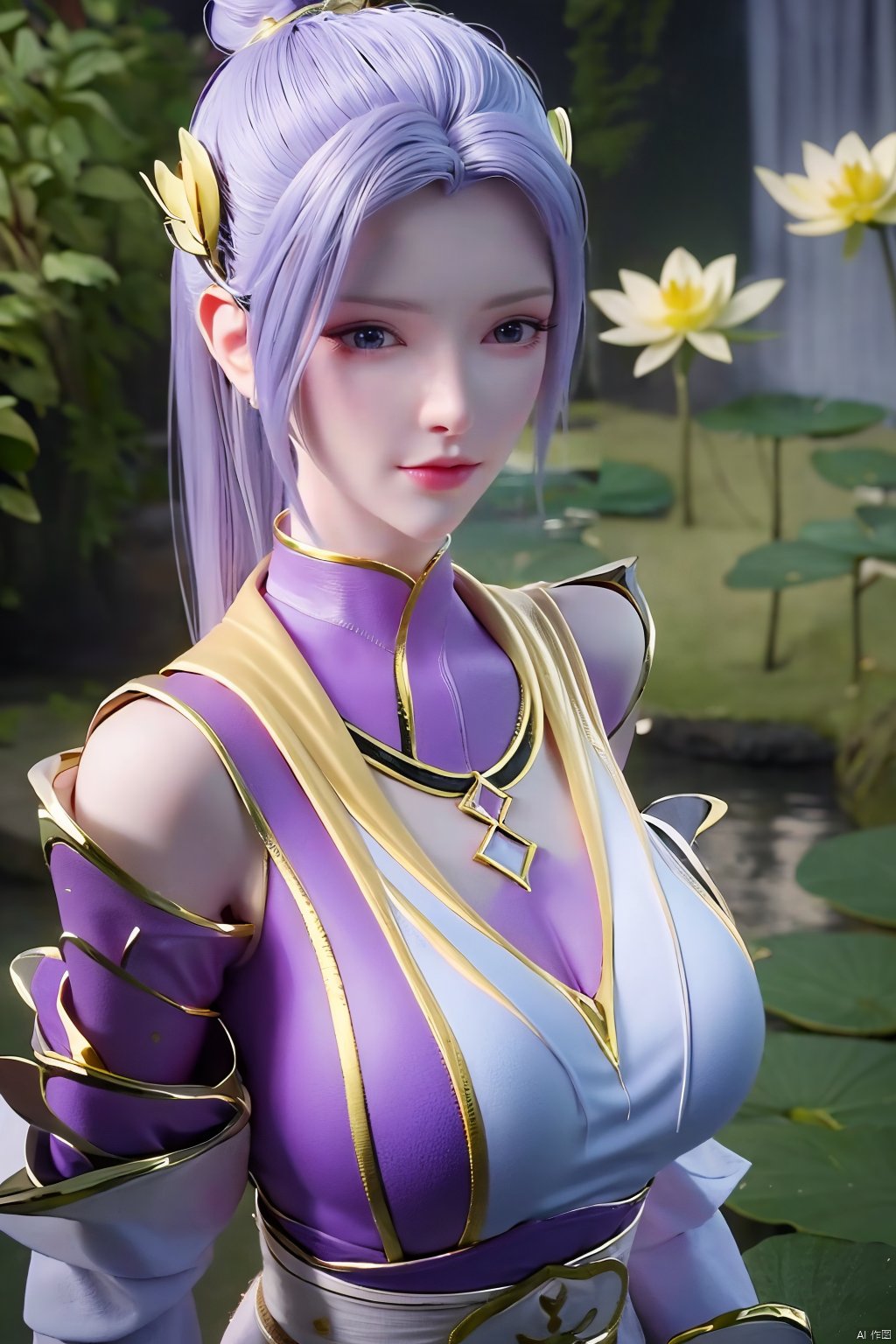 masterpiece,(best quality),official art,(extremely delicate and beautiful),solo,(yellow chinese clothes,yellow dress,bare shoulders,frilled collar,earrings,long sleeves),1girl,solo,black hair,facial mark,forehead mark,hair bun,hair ornament,hair stick,jewelry,long hair,,adfxx,,Xhanyue,(big breasts:1.39),(flowers,Waterfall, lotus, willow, butterfly:1.23)