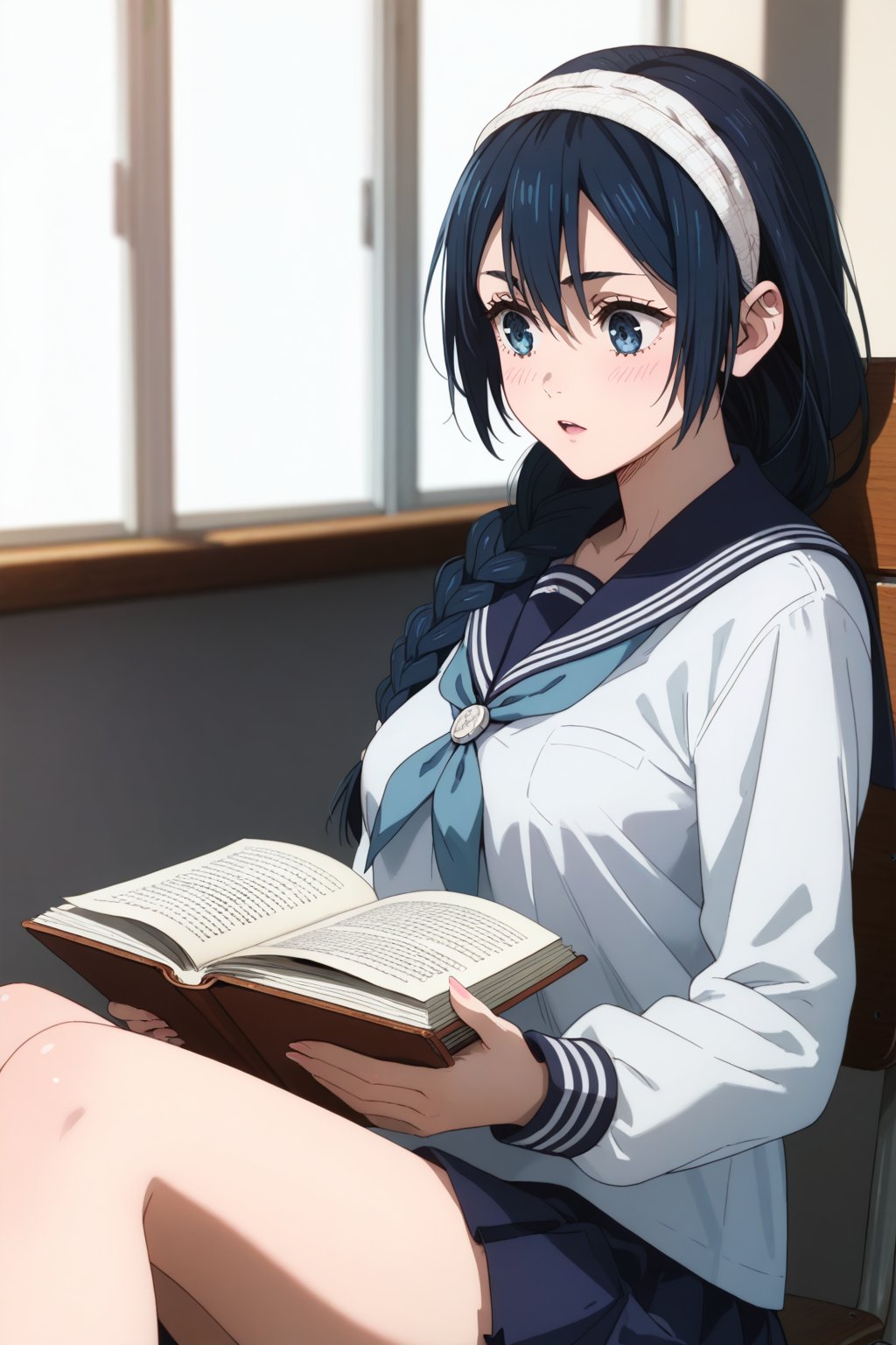 studying , School uniform , at School , 
BREAK , 
score_9, score_8_up, score_7_up, score_6, score_5, score_4, ( masterpiece , ultra Detailed  ) , 
Black hair , long hair ,riko , braid , hair band , 