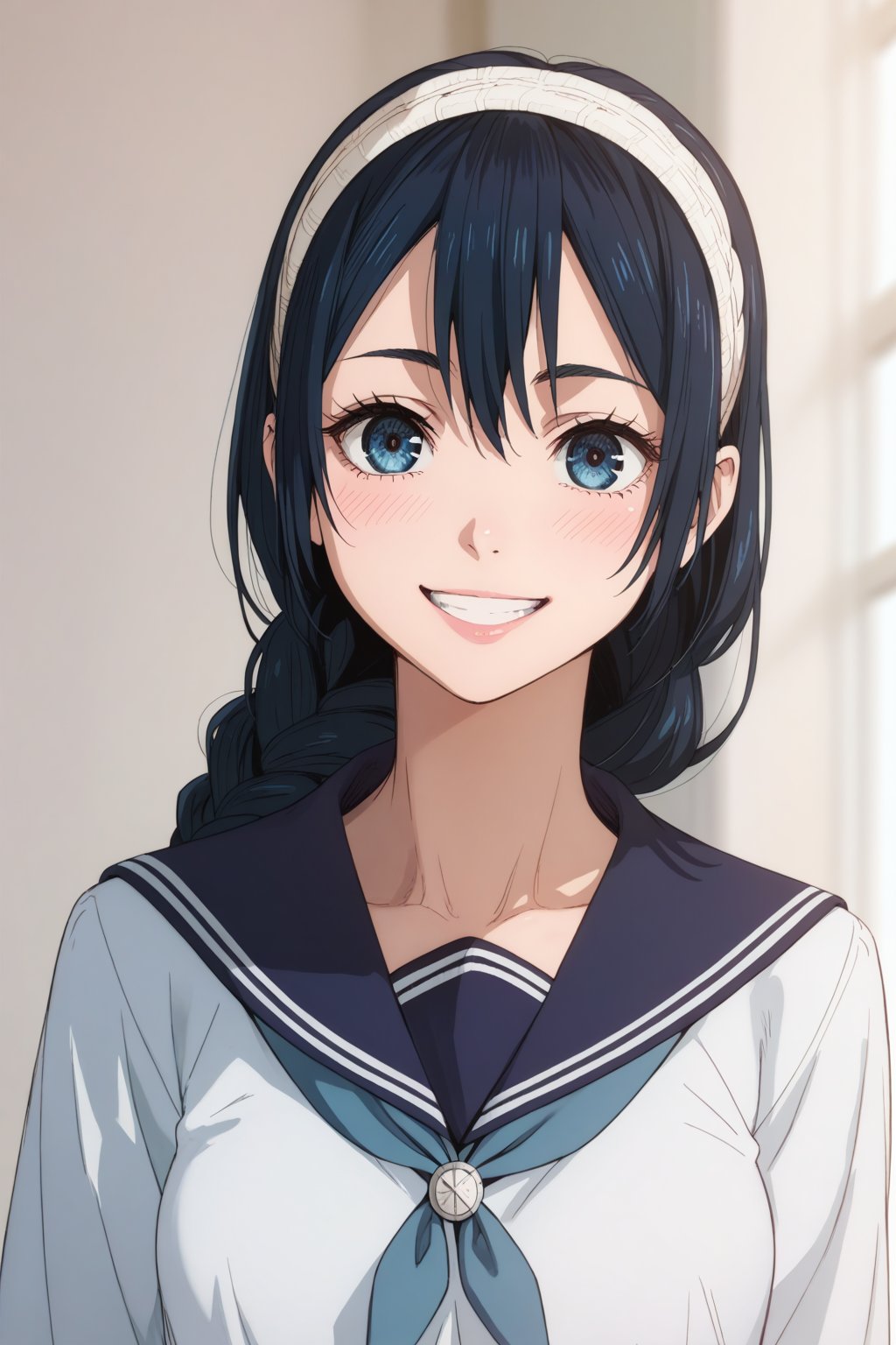 School uniform , at School , smile , 
BREAK , 
score_9, score_8_up, score_7_up, score_6, score_5, score_4, ( masterpiece , ultra Detailed  ) , 
Black hair , long hair ,riko , braid , hair band , 