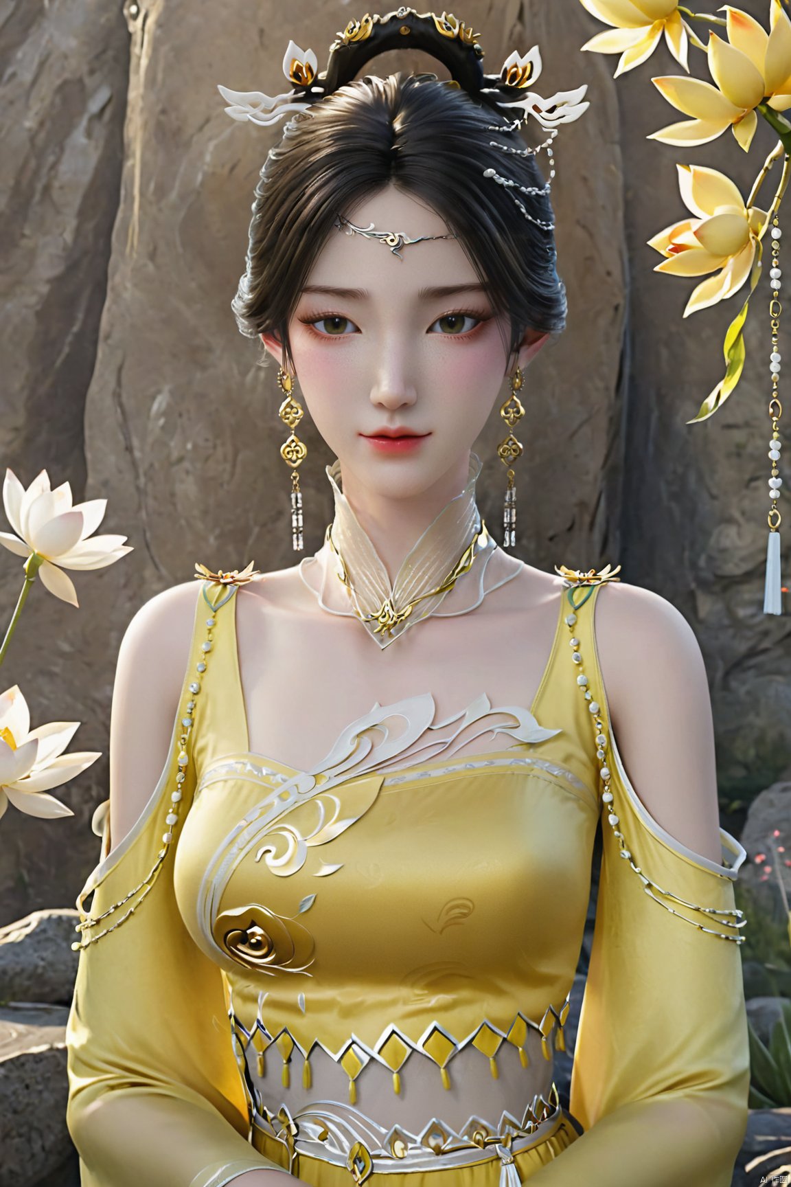 masterpiece,(best quality),official art,(extremely delicate and beautiful),solo,(yellow chinese clothes,yellow dress,bare shoulders,frilled collar,earrings,long sleeves),1girl,solo,black hair,facial mark,forehead mark,hair bun,hair ornament,hair stick,jewelry,long hair,,adfxx,,Xjinpinger,(big breasts:1.79),(flowers,Waterfall, lotus, willow, butterfly:1.23)