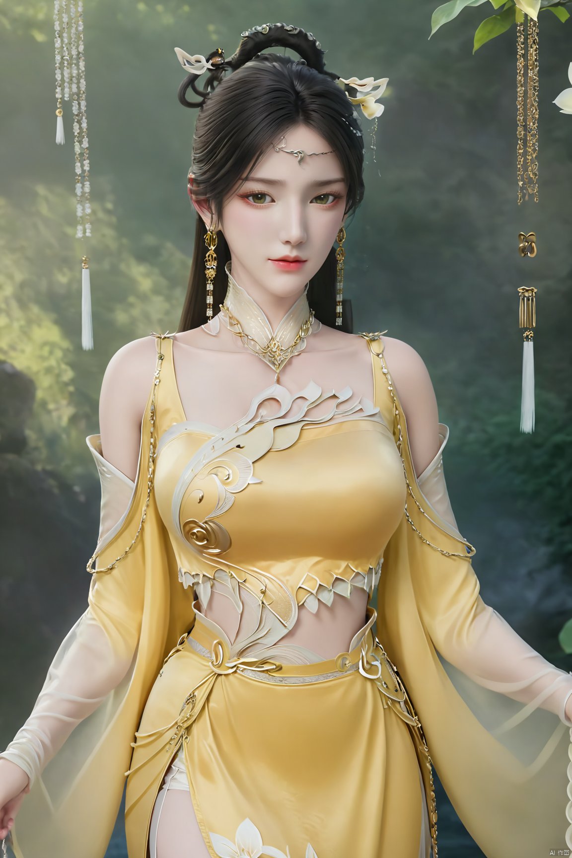 masterpiece,(best quality),official art,(extremely delicate and beautiful),solo,(yellow chinese clothes,yellow dress,bare shoulders,frilled collar,earrings,long sleeves),1girl,solo,black hair,facial mark,forehead mark,hair bun,hair ornament,hair stick,jewelry,long hair,,adfxx,,Xjinpinger,(big breasts:1.79),(flowers,Waterfall, lotus, willow, butterfly:1.23)